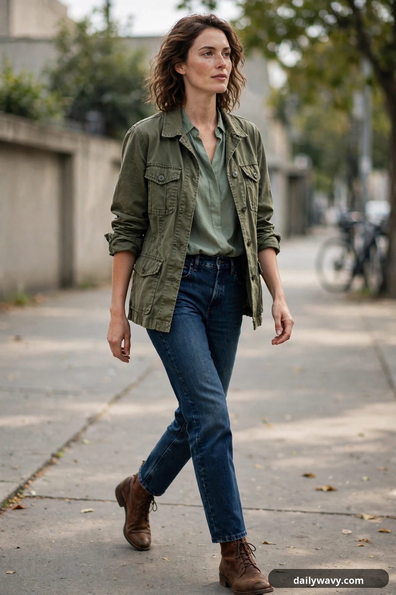 A woman wears an olive utility jacket open over a sage blouse tucked into dark indigo straight-leg jeans, finished with brown ankle boots.