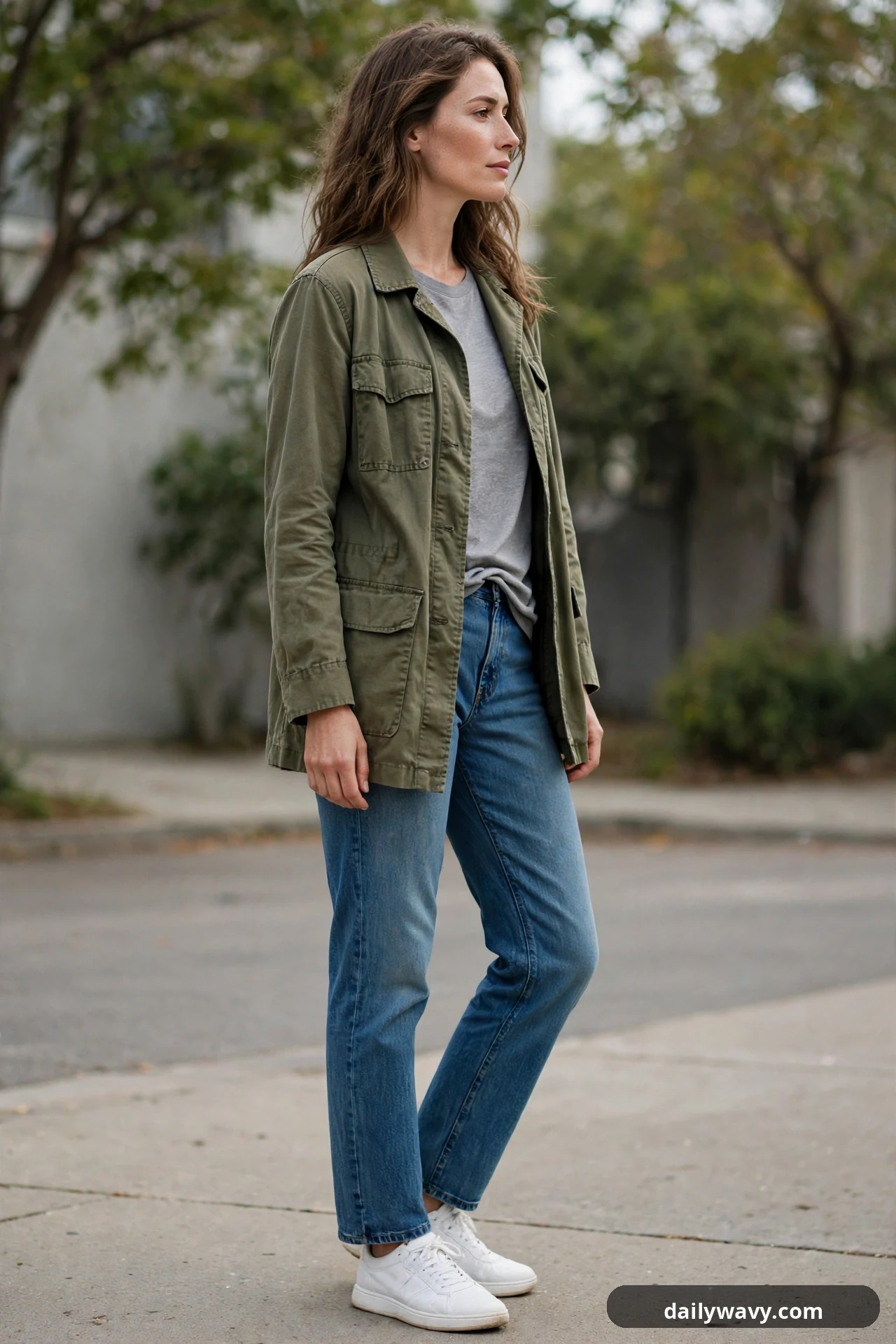 A woman wears an olive utility jacket open over a gray tee with straight-leg jeans and white sneakers.