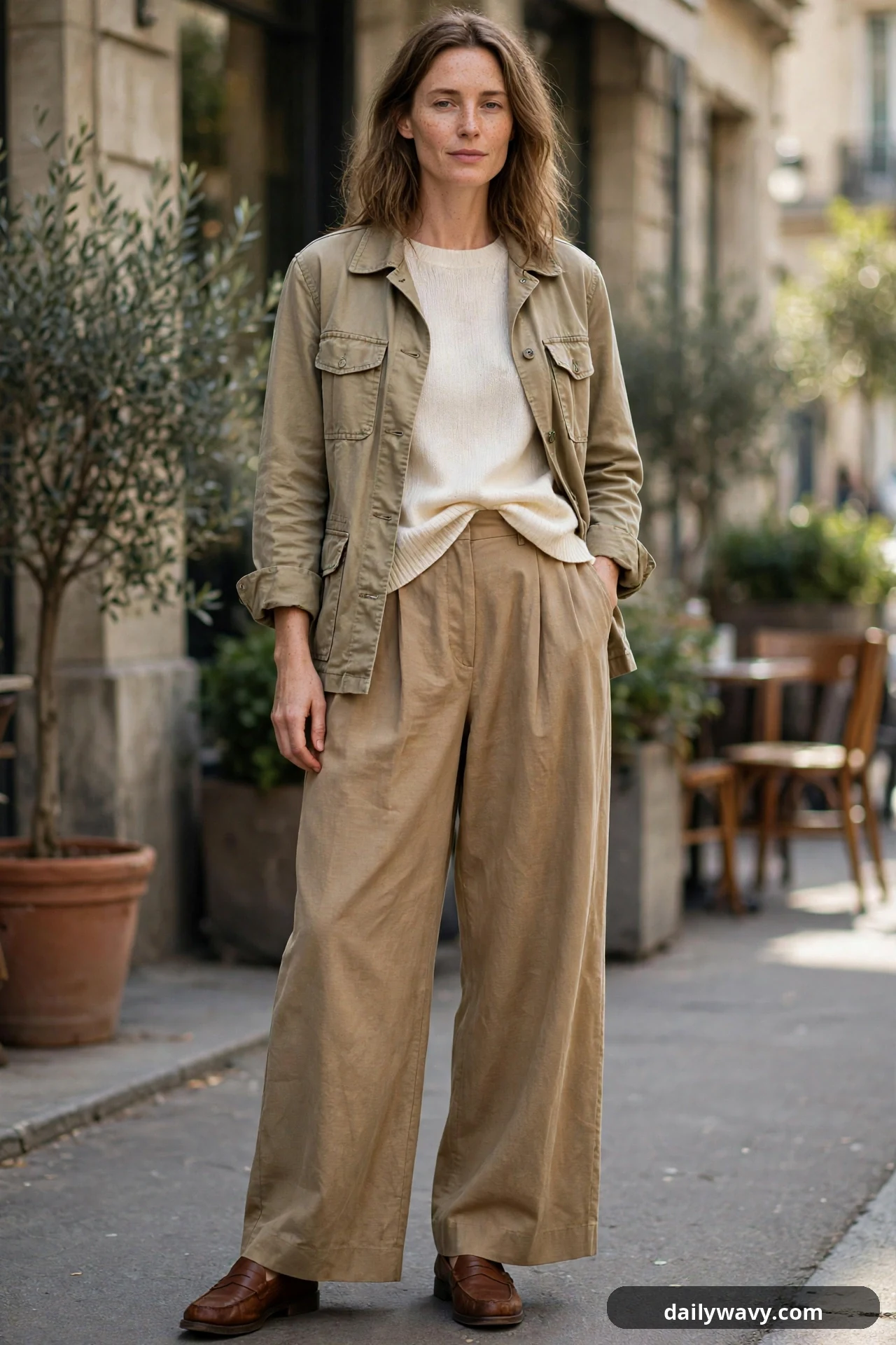 A woman wears a sand utility jacket open over an ivory fine-knit sweater half-tucked into wide-leg camel trousers, finished with brown loafers.