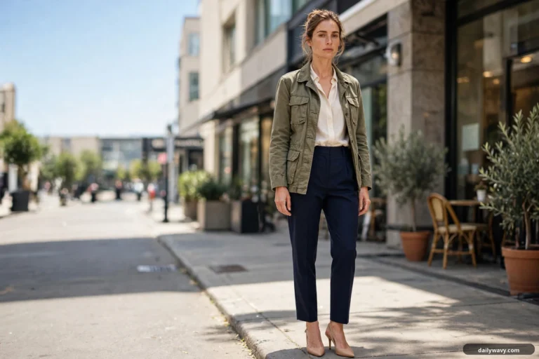 A wide street view shows a woman wearing an olive utility jacket open over a cream blouse with tailored navy trousers and nude slingback heels.