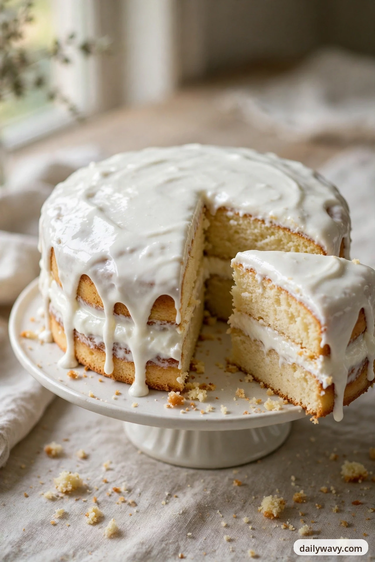 A closer view of a two-layer vanilla cake with white yogurt glaze dripping over its edges on a white pedestal stand shows one slice pulled forward, revealing the layered crumb and cream filling, with crumbs scattered on the linen below.
