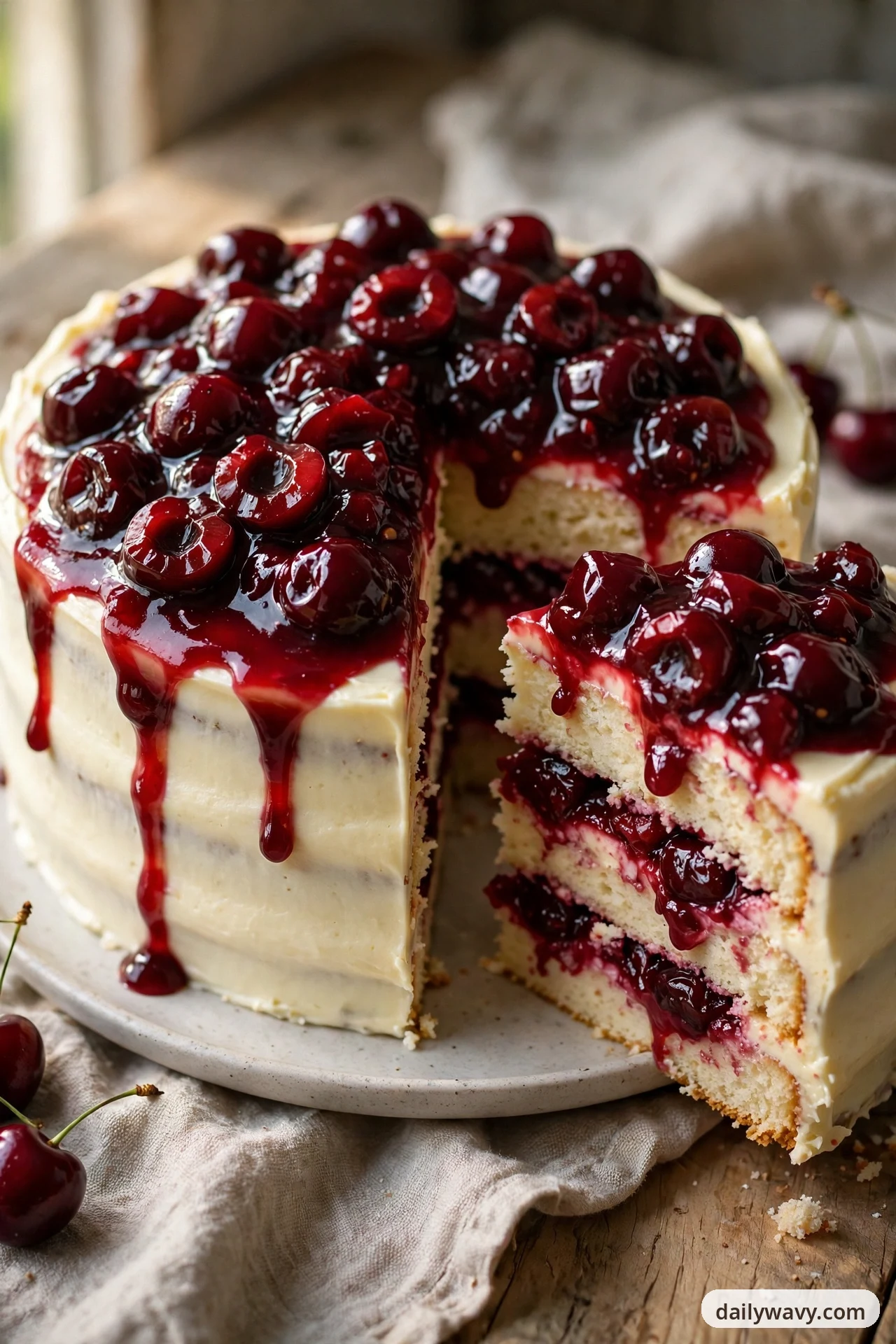A white-frosted vanilla layer cake heaped with glossy cherry compote that drips down its sides sits on a flat plate, with one slice pulled forward showing cherry compote layered inside and fresh cherries resting beside the plate.