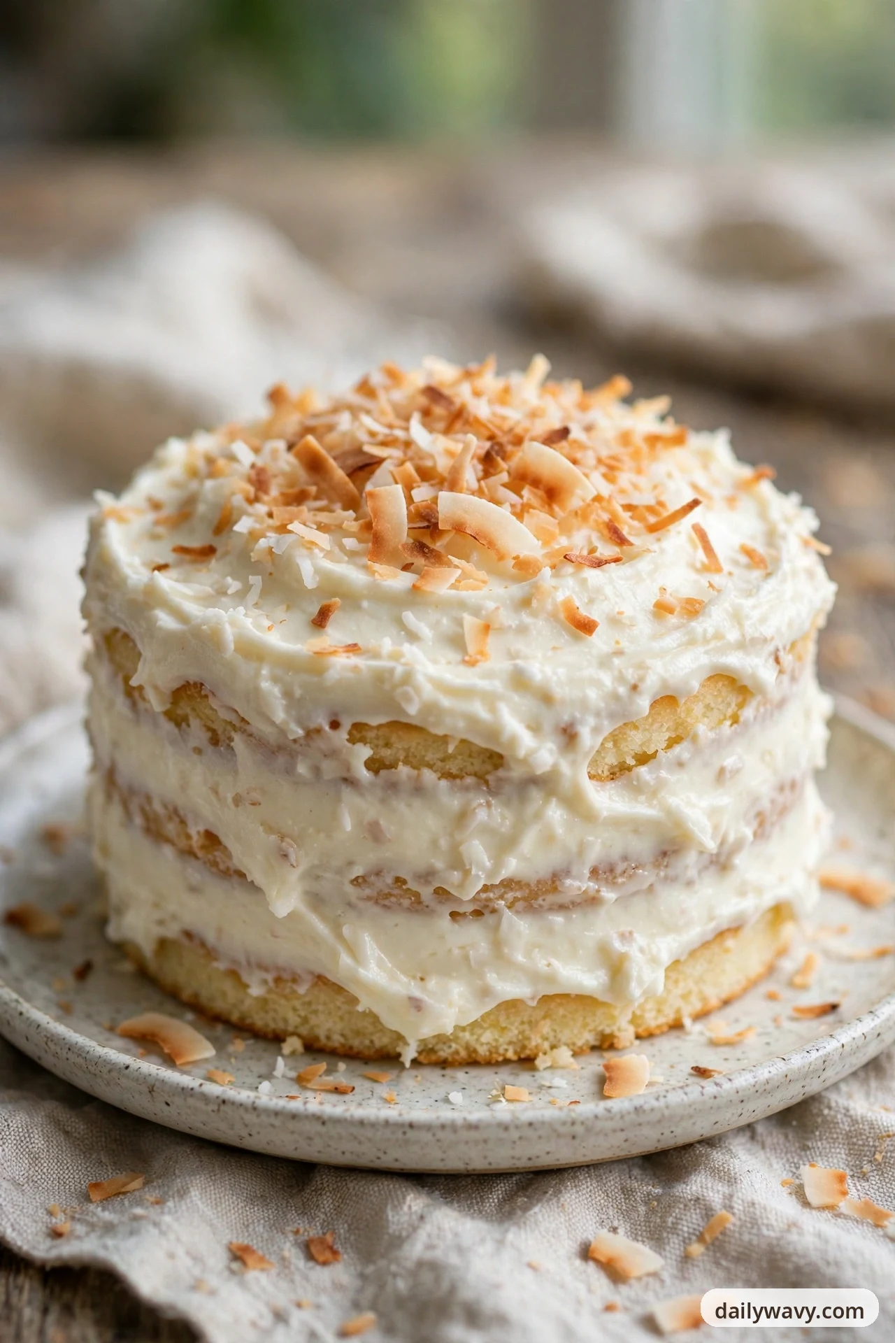 A small vanilla layer cake covered in white coconut cream frosting and topped with a heap of golden toasted coconut flakes sits on a speckled plate, with loose coconut flakes scattered on the plate and the linen around it.