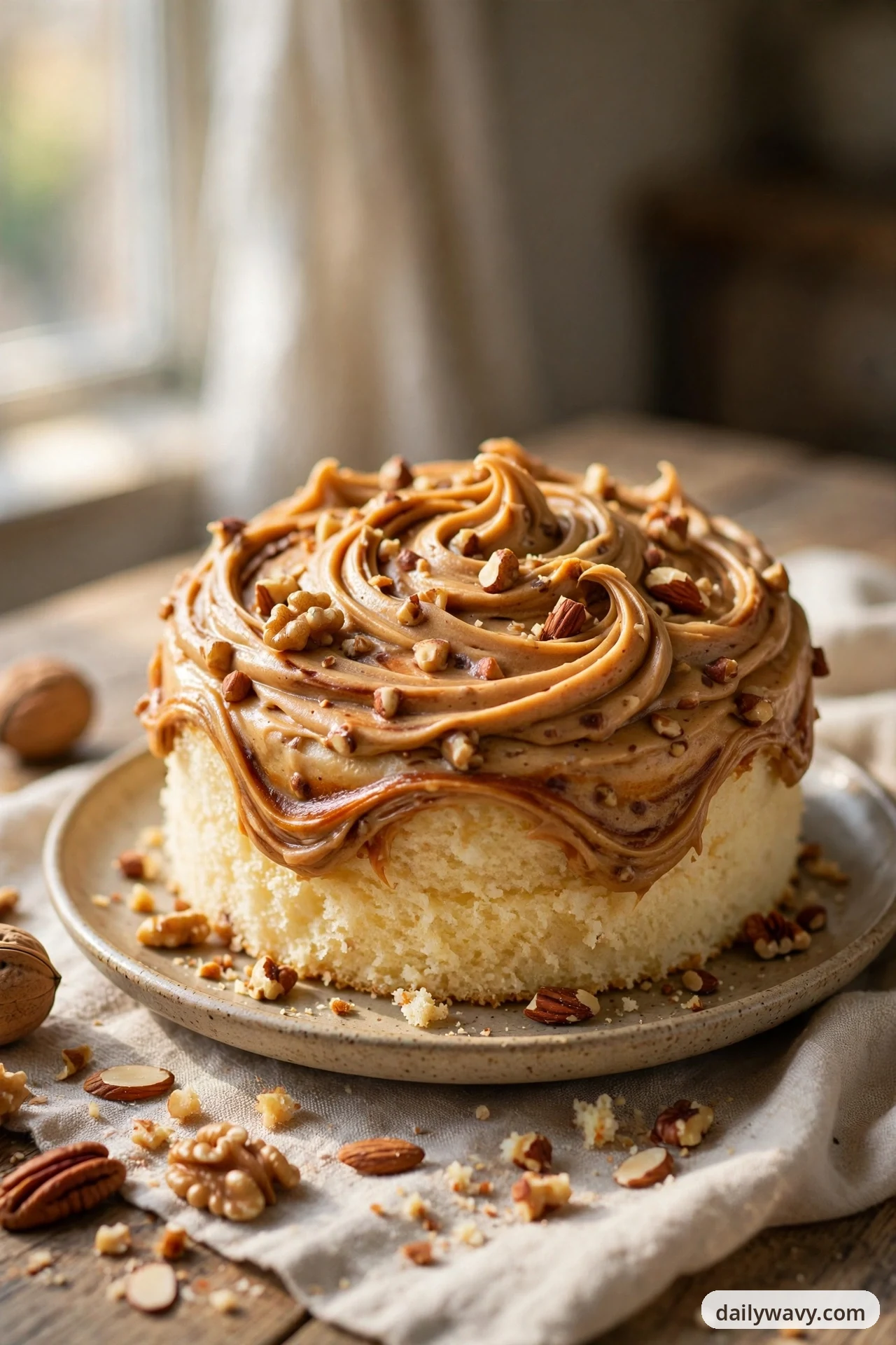 A single-layer vanilla cake on a speckled plate is covered with swirled tan browned-butter icing that drapes over its top edge, leaving the pale crumb exposed around the sides.