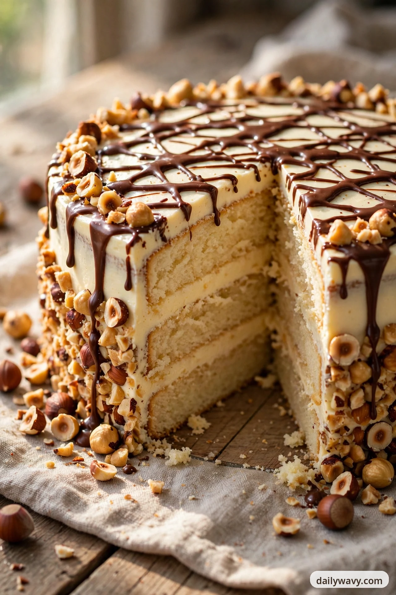 A three-layer vanilla cake with white frosting and chopped toasted hazelnuts pressed around its sides sits on a wooden board with one wedge removed, a chocolate-hazelnut drizzle latticed over the top and whole and halved hazelnuts scattered around its base.