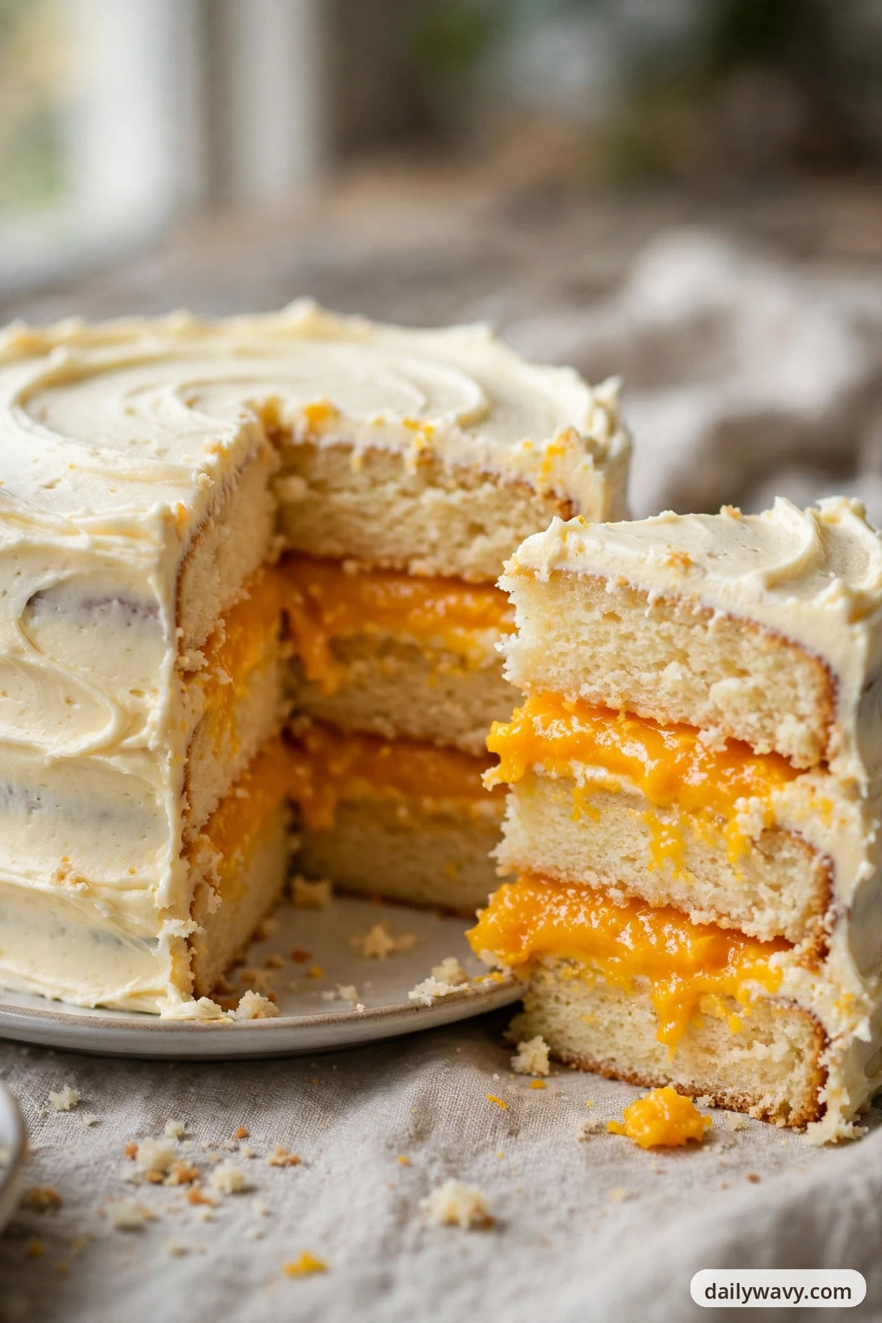 A white-frosted vanilla layer cake on a plate has one slice pulled forward, showing thick bands of bright orange curd between the pale cake layers inside the slice.