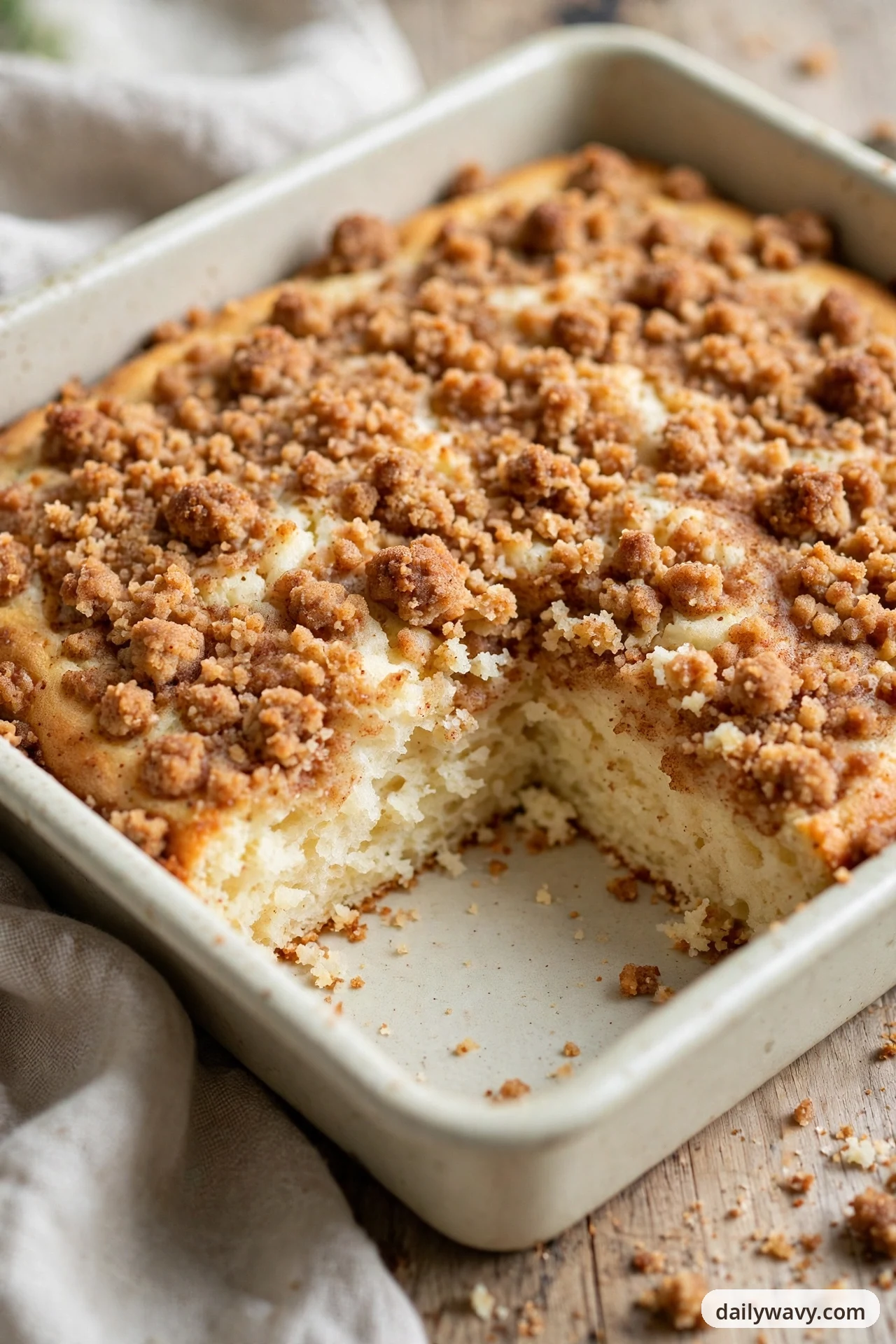 A rectangular ceramic baking dish holds a vanilla sheet cake covered in golden-brown cinnamon streusel crumbs, with one corner portion removed showing the pale, fluffy crumb inside.