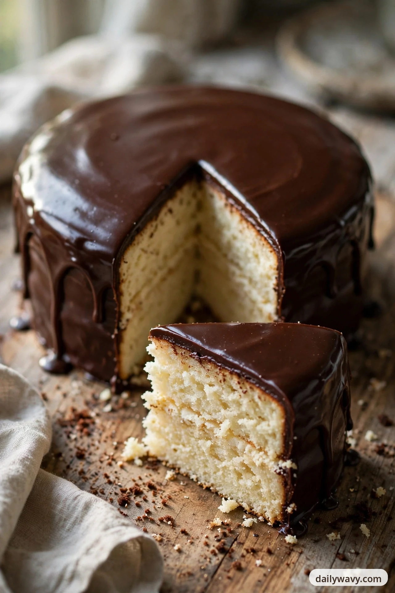 A round vanilla cake on a wooden surface is coated in glossy dark chocolate ganache dripping down its sides, with one slice set in front showing the two pale layers inside.