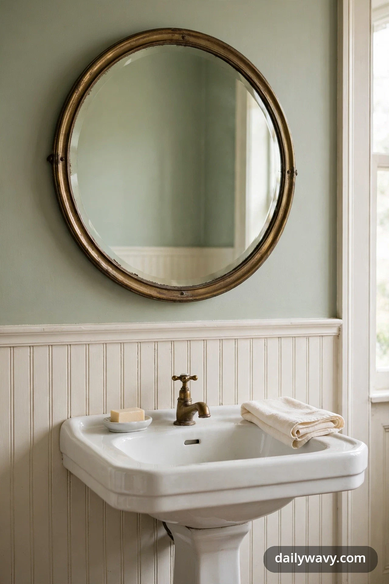 A closer view shows a round mirror in an aged brass frame hanging above a white pedestal sink with a brass cross-handle tap, a bar of soap in a small dish, and a folded cream towel on the basin edge.