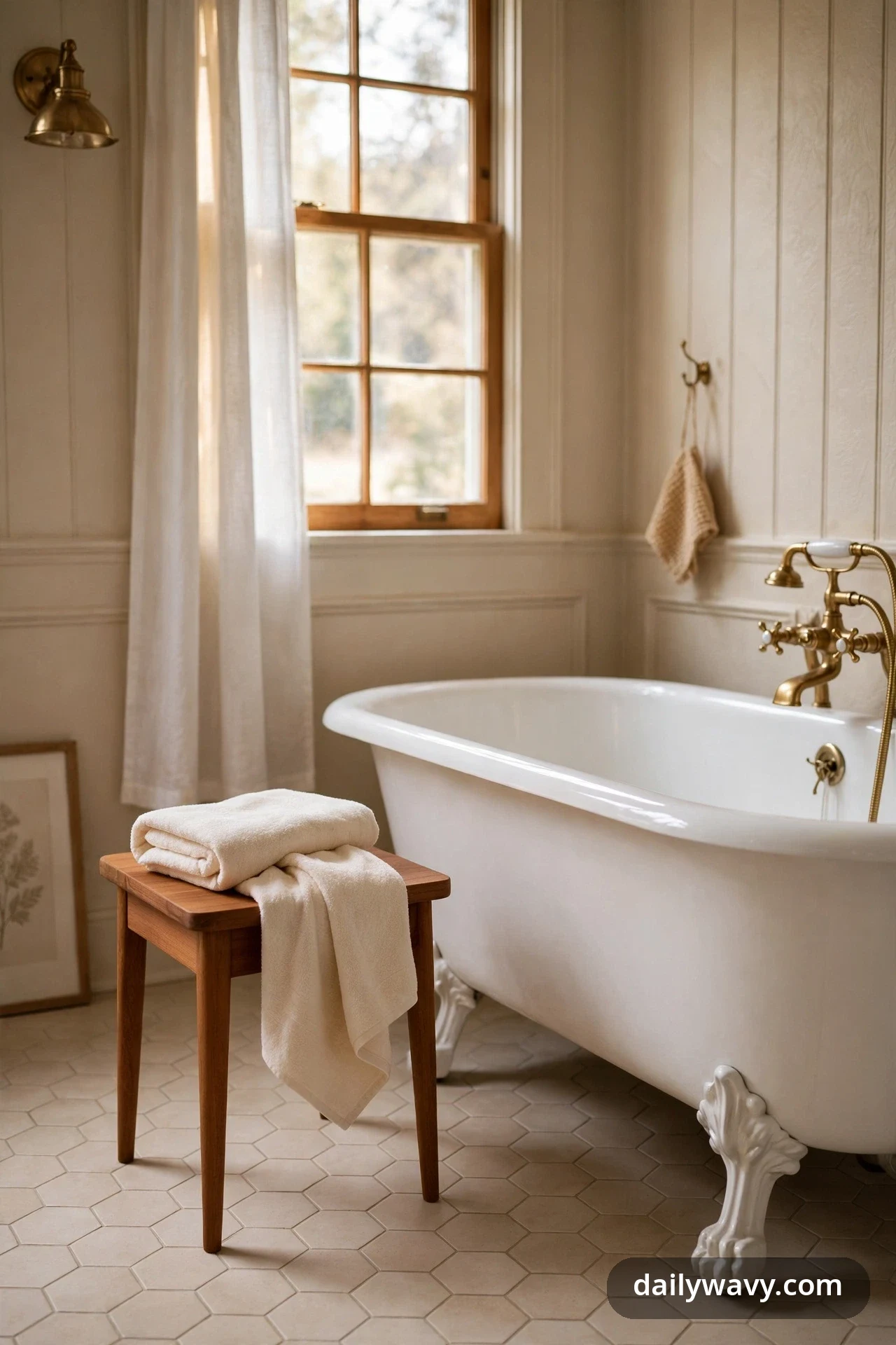 A wooden stool holding folded and draped cream towels stands beside a white clawfoot tub with brass fixtures under a tall window with a sheer curtain.