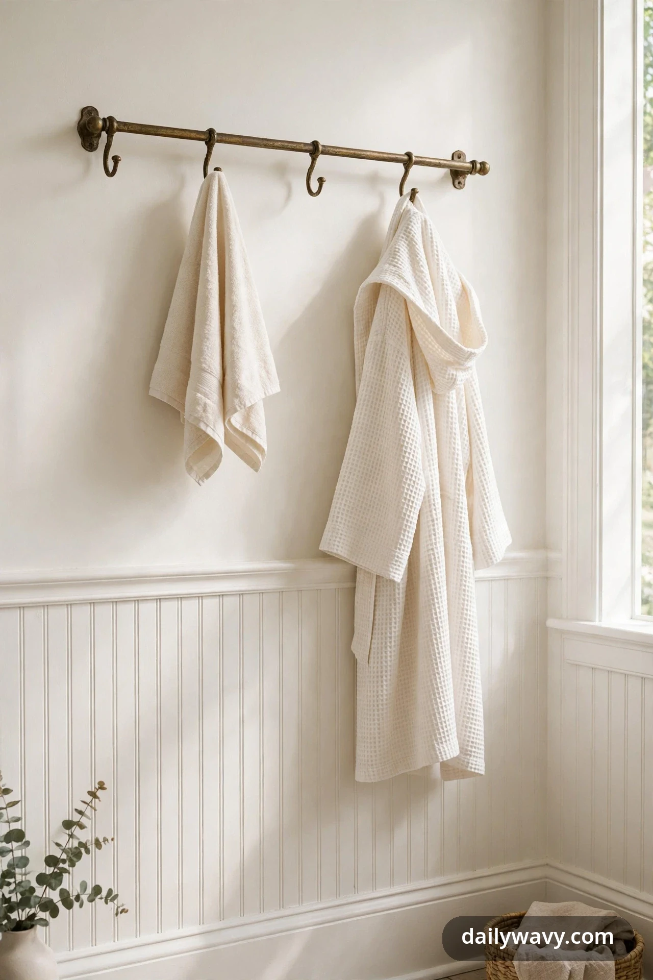 An aged brass hook rail with four hooks holds a cream towel and a white waffle-weave robe above white beadboard wainscot.