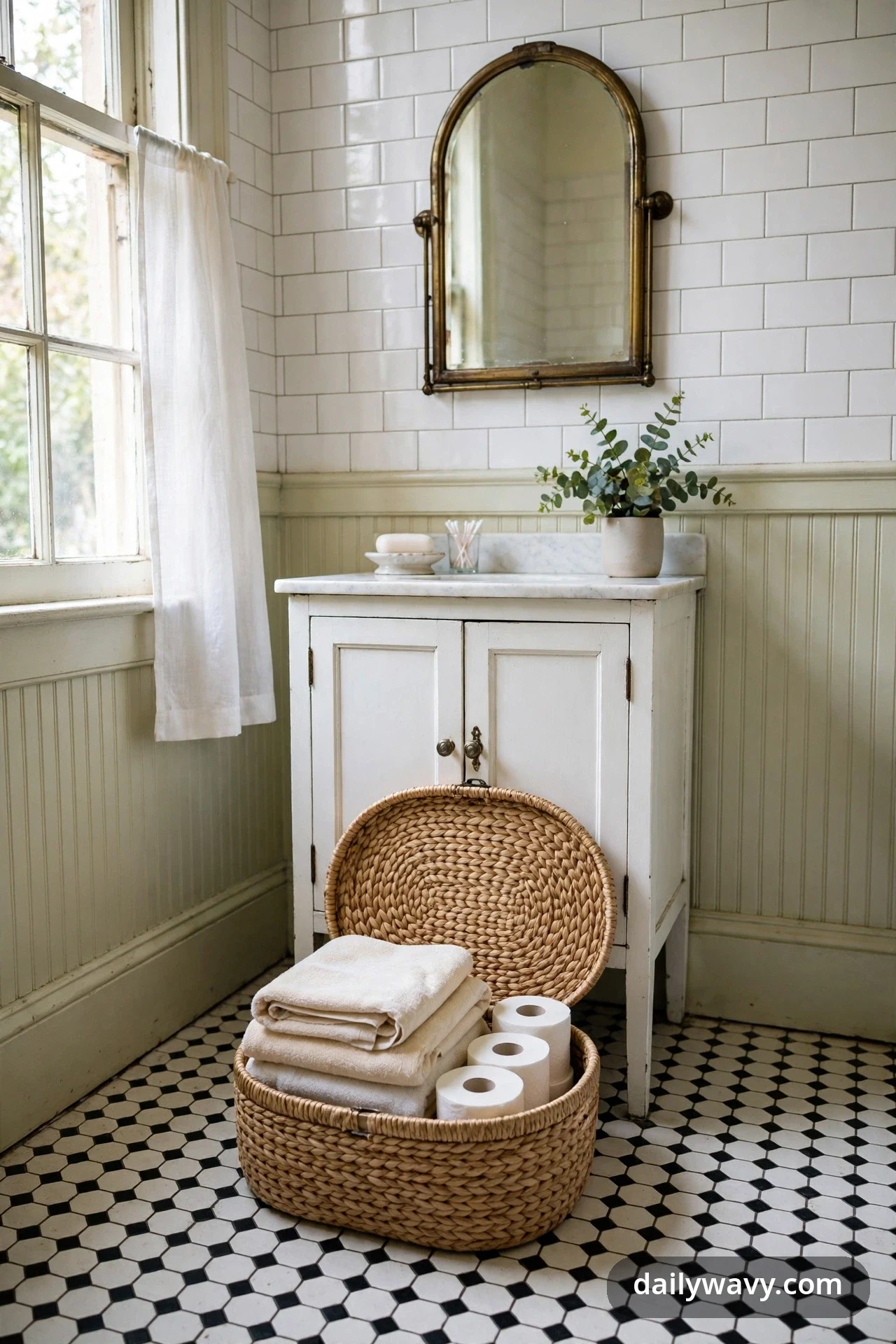 A woven basket with its lid propped open holds folded towels and spare toilet paper rolls in front of a white cabinet with a marble top.