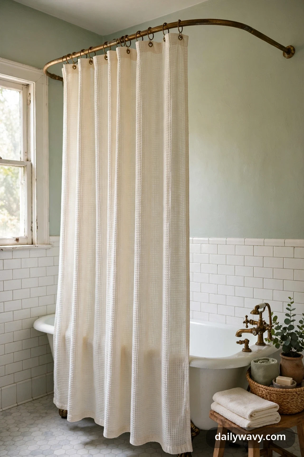 A cream waffle-weave shower curtain hangs from rings on a curved brass rod around a white clawfoot tub against white subway tile.