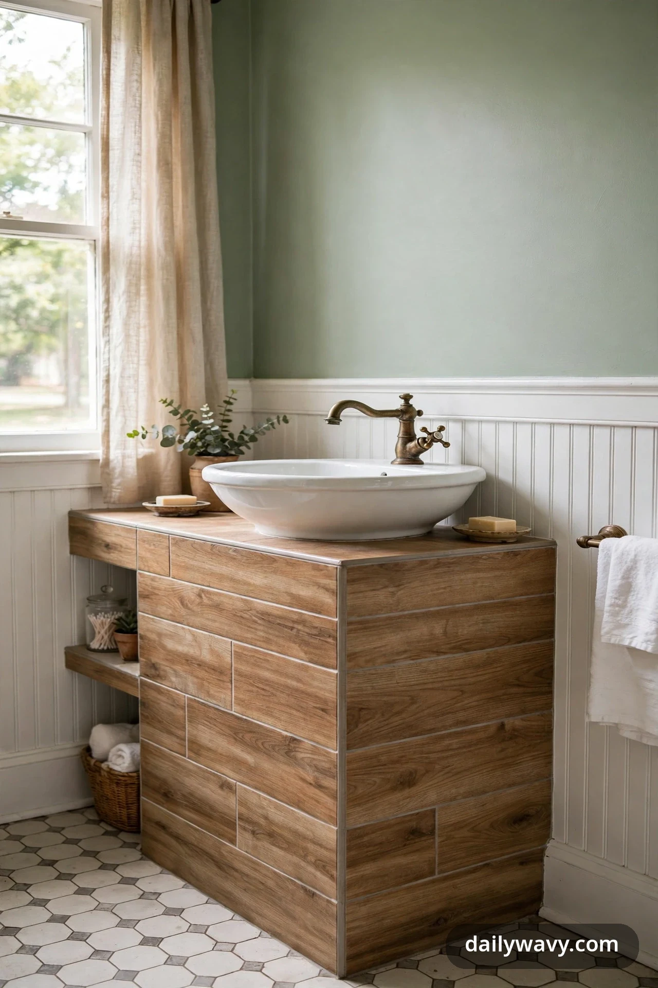 A vanity front clad in wood-look plank tiles supports a white vessel sink with an antique brass faucet, with white beadboard and a sage wall behind it.