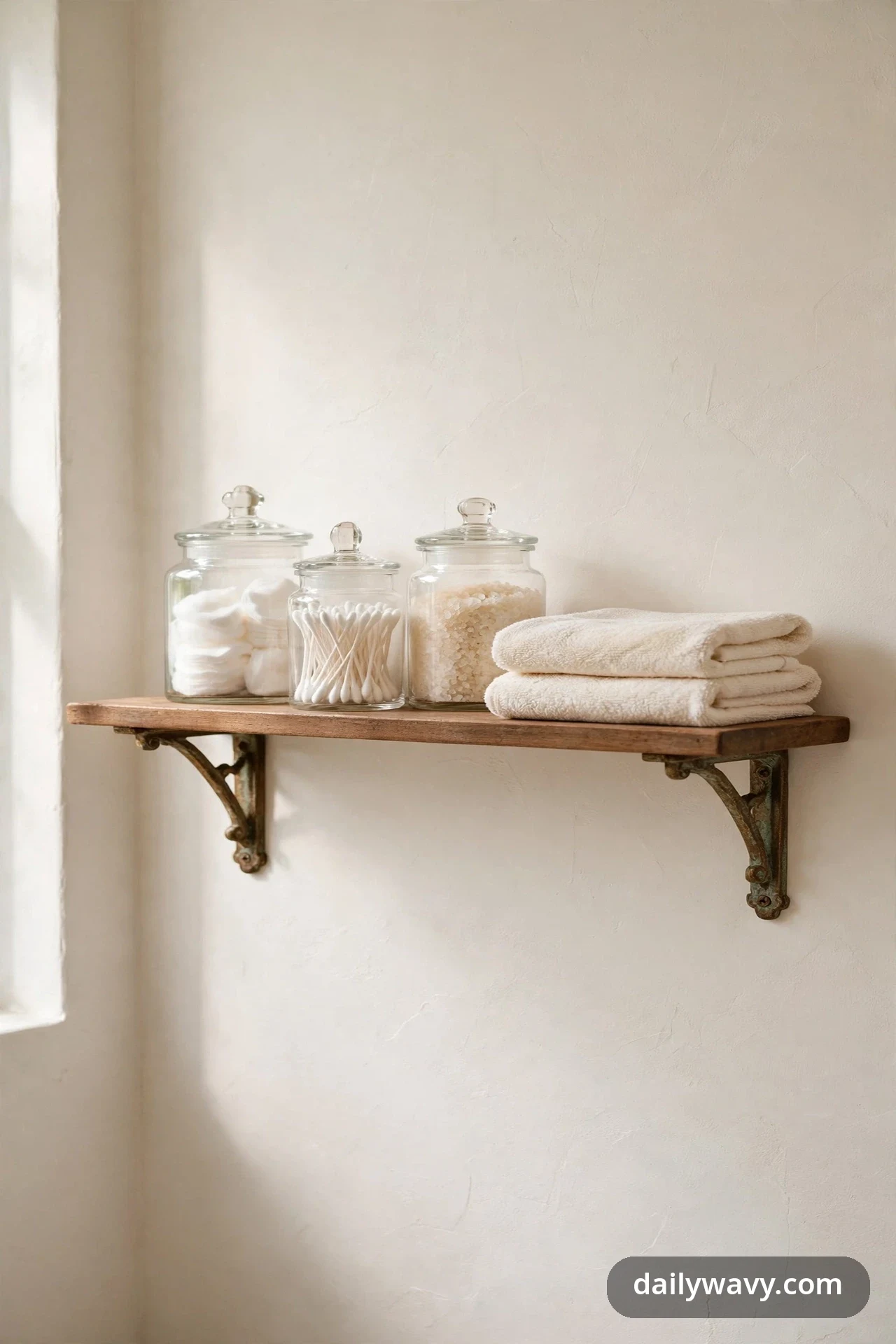A wooden wall shelf on aged metal brackets holds three lidded glass apothecary jars filled with cotton pads, cotton swabs, and bath salts beside a stack of folded cream towels.