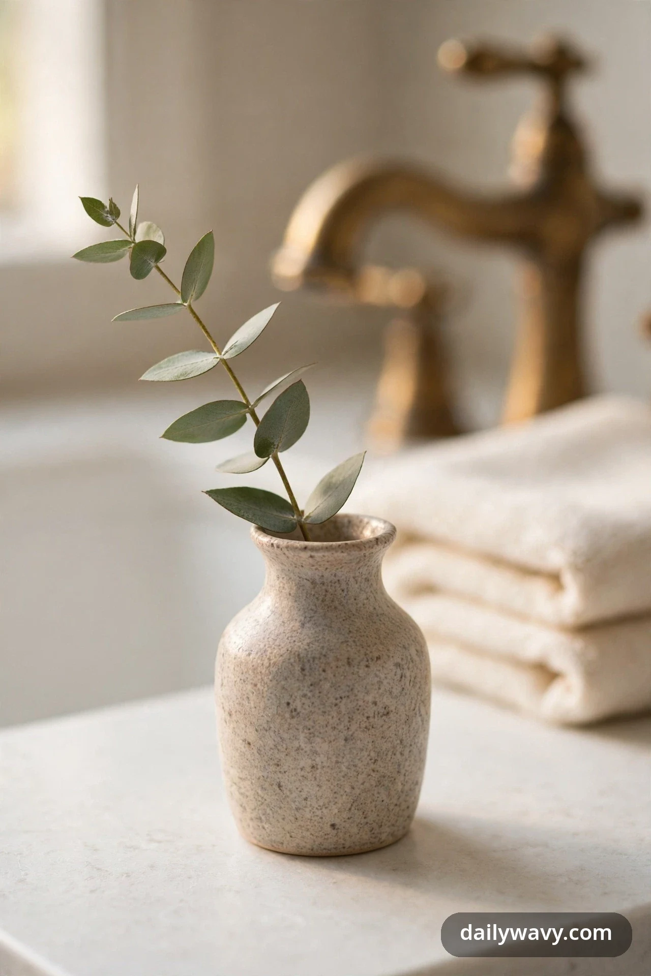 A small speckled stoneware bud vase holding a single eucalyptus stem sits on a vanity counter in front of a blurred brass faucet and folded towels.