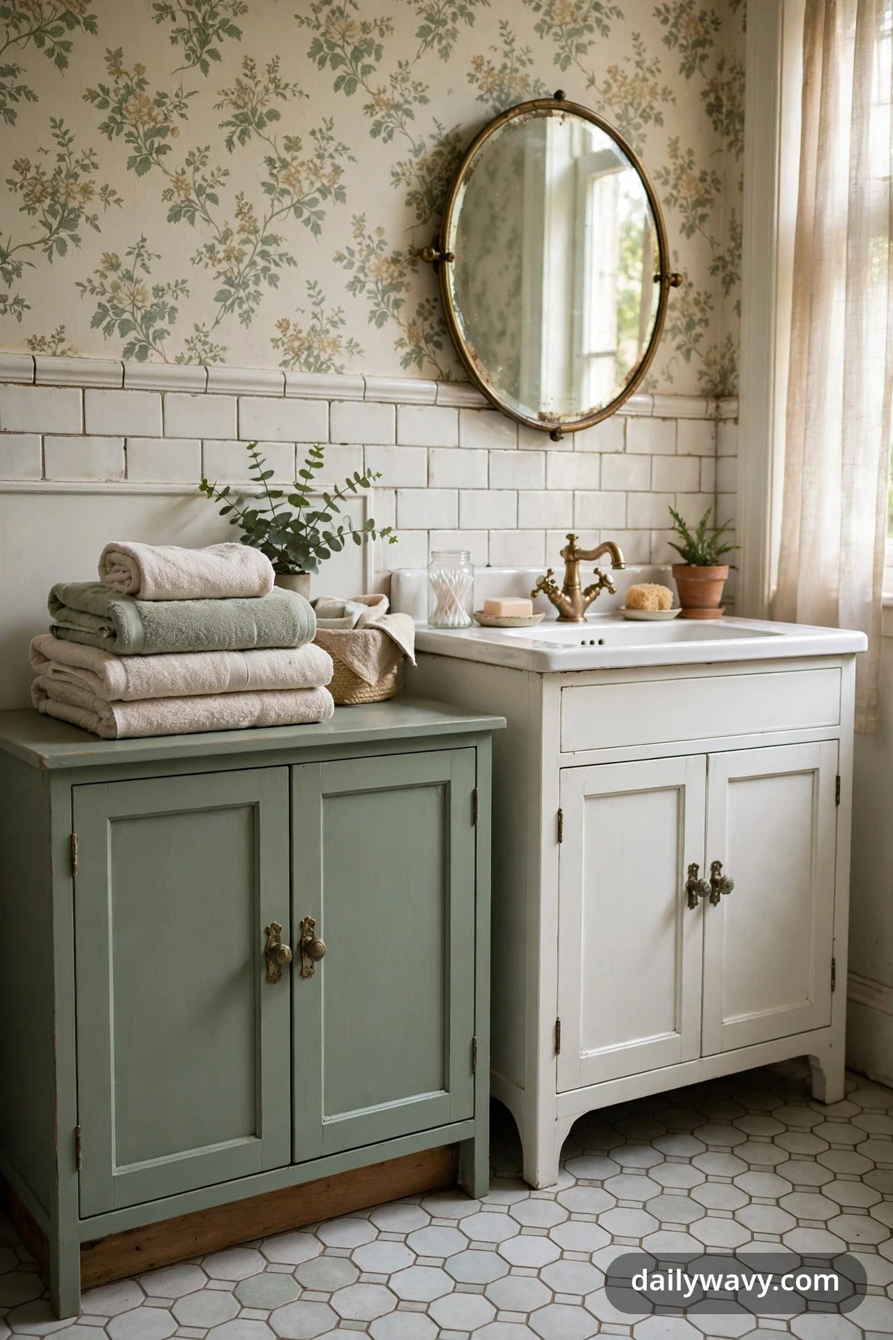 A low sage-green painted cabinet with shaker doors and brass knobs stands beside a white vanity, topped with a stack of folded towels beneath floral wallpaper and an oval brass mirror.