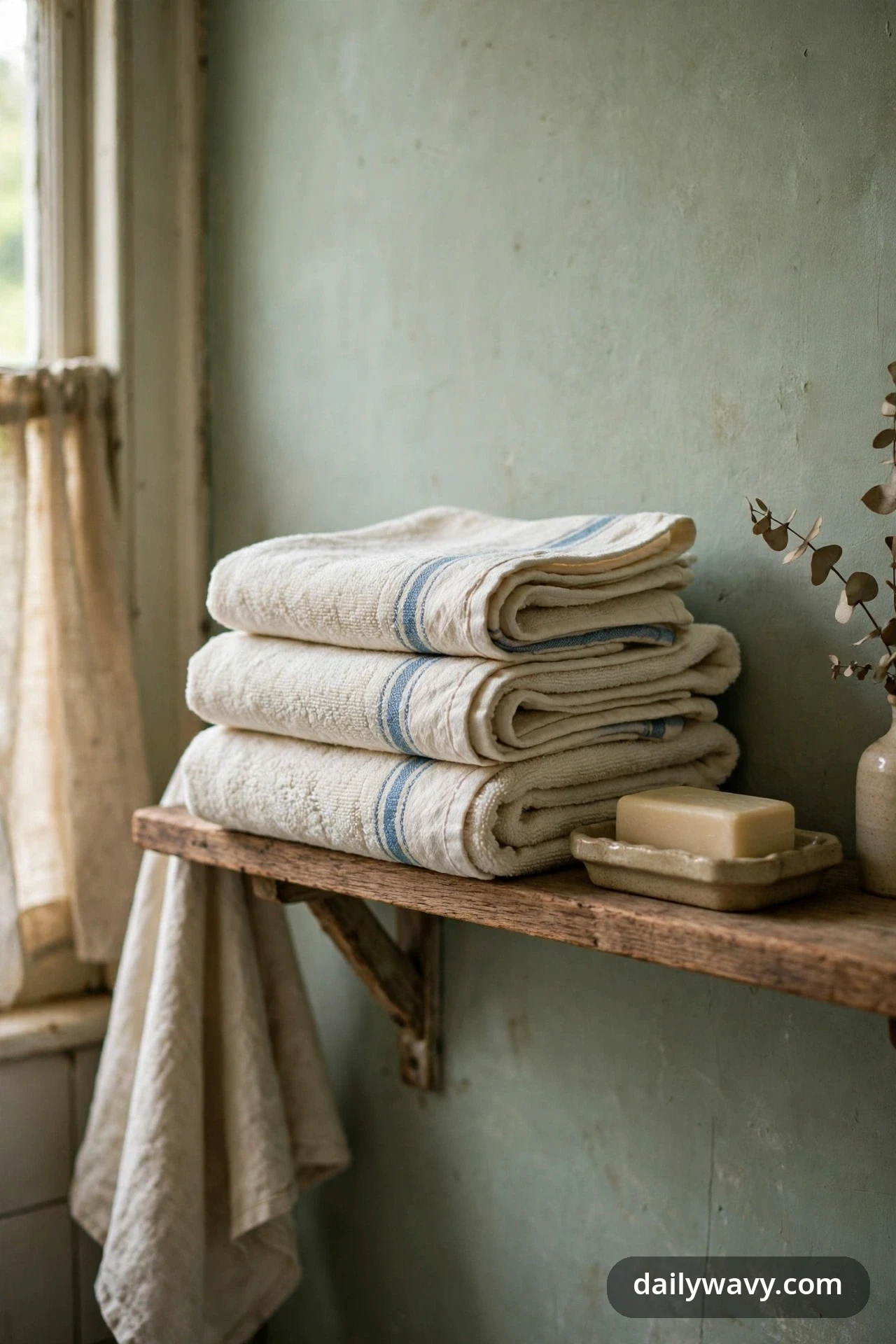 A stack of three folded cream towels with faded blue ticking stripes rests on a rustic wooden wall shelf next to a ceramic soap dish holding a bar of soap.