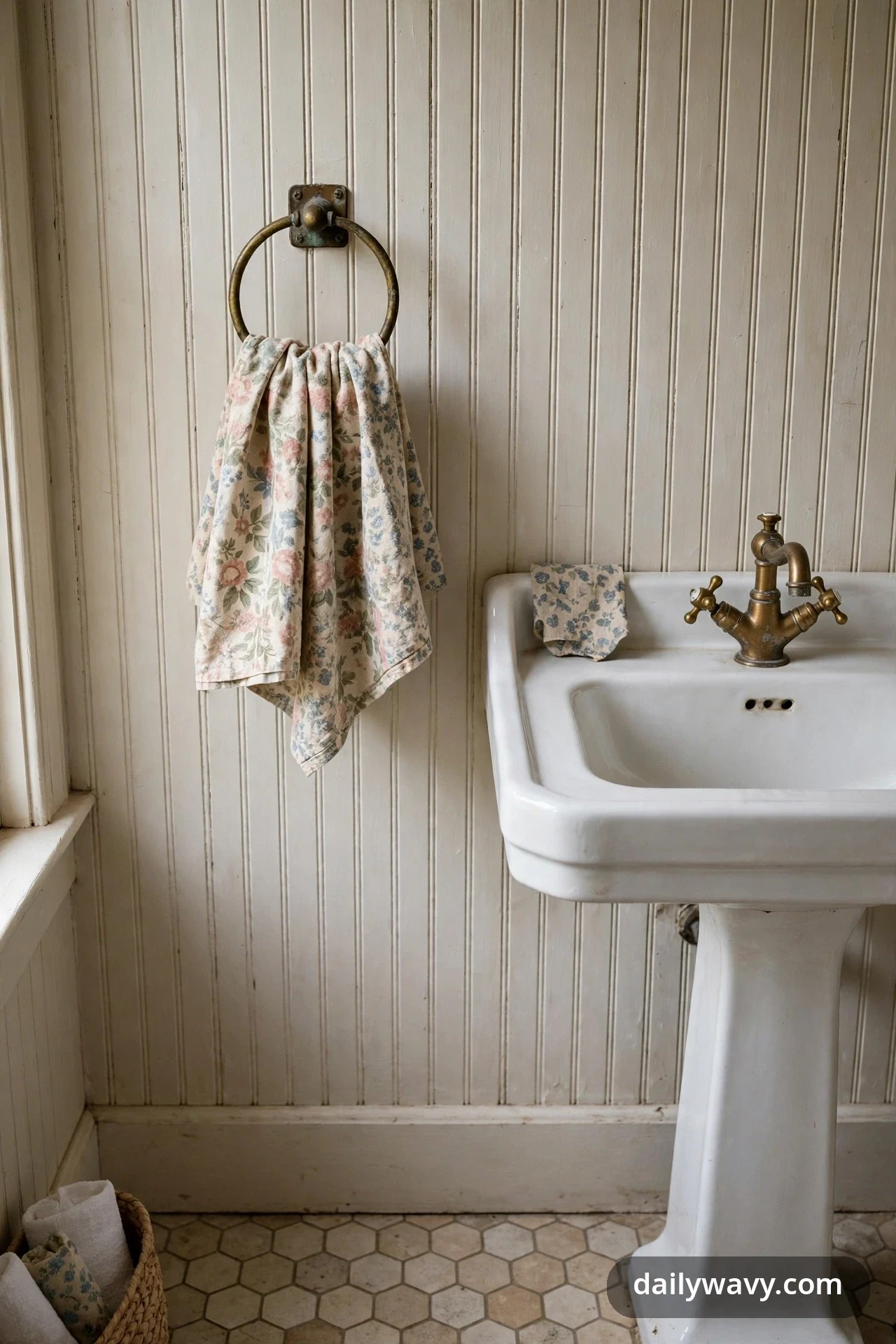 A faded floral hand towel hangs from an aged brass towel ring on a beadboard wall beside a white pedestal sink with a brass cross-handle faucet.
