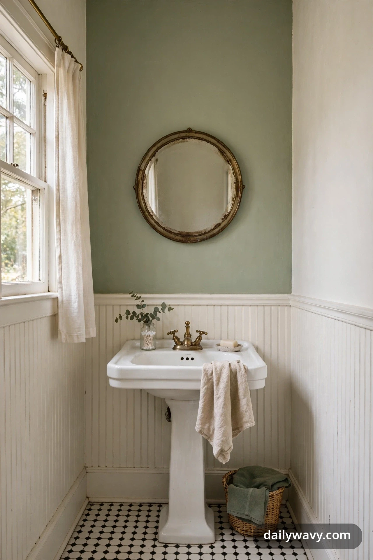 A sage-green painted wall above white beadboard frames a round aged brass mirror over a white pedestal sink with a brass faucet.