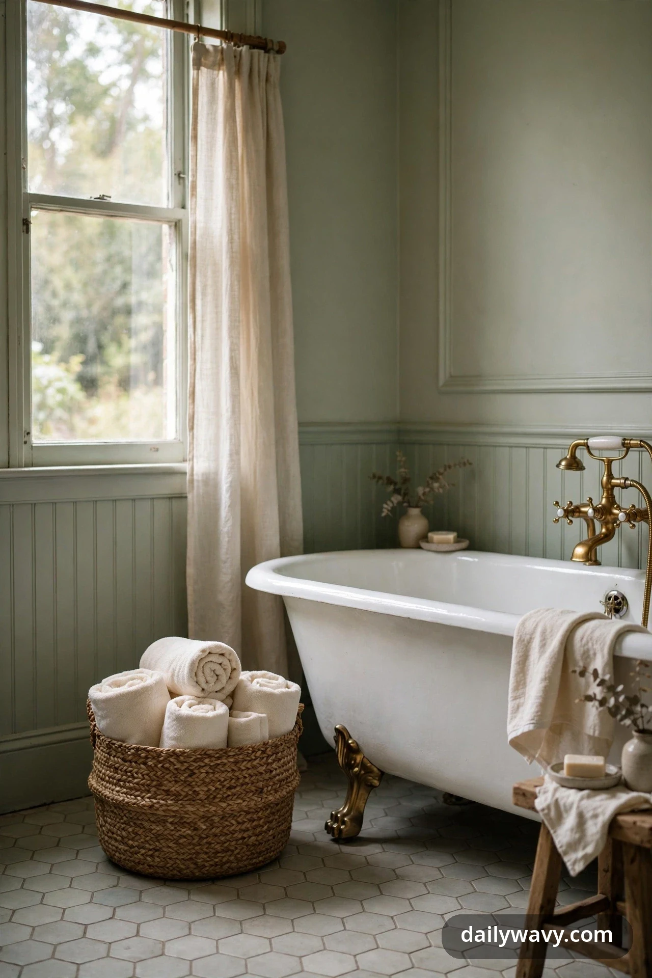 A woven seagrass basket filled with rolled white towels sits on a hex tile floor beside a white clawfoot tub with brass feet and fixtures.