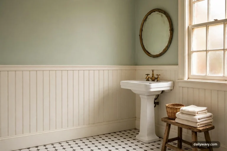 A wide view of a vintage bathroom shows a white pedestal sink with an aged brass faucet beneath an oval brass-framed mirror, white beadboard wainscot below a sage wall, and a rustic wooden stool holding folded cream towels beside a woven basket.
