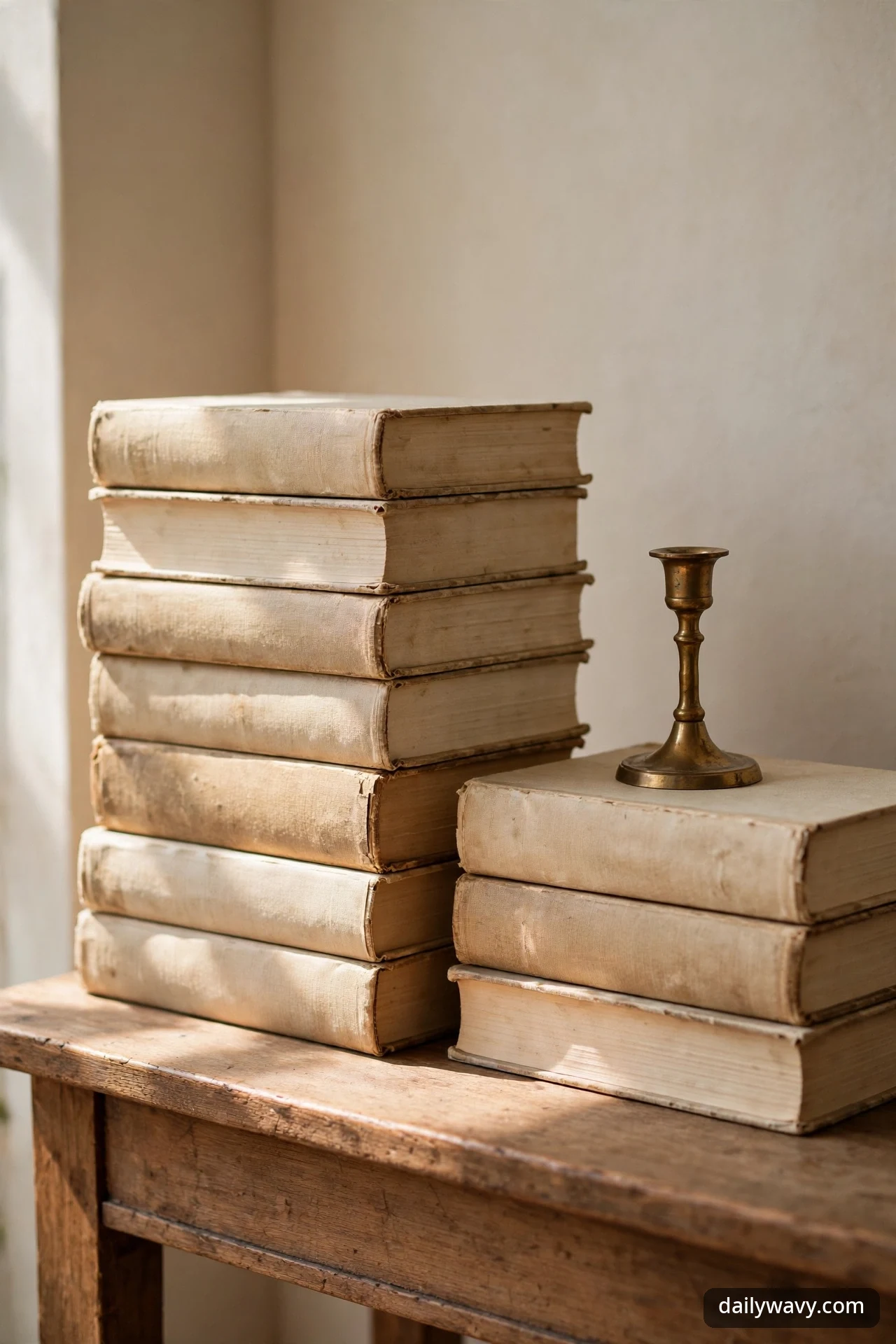 Two stacks of cream vintage hardcovers at different heights on a wooden table, with a brass candlestick crowning the shorter stack.
