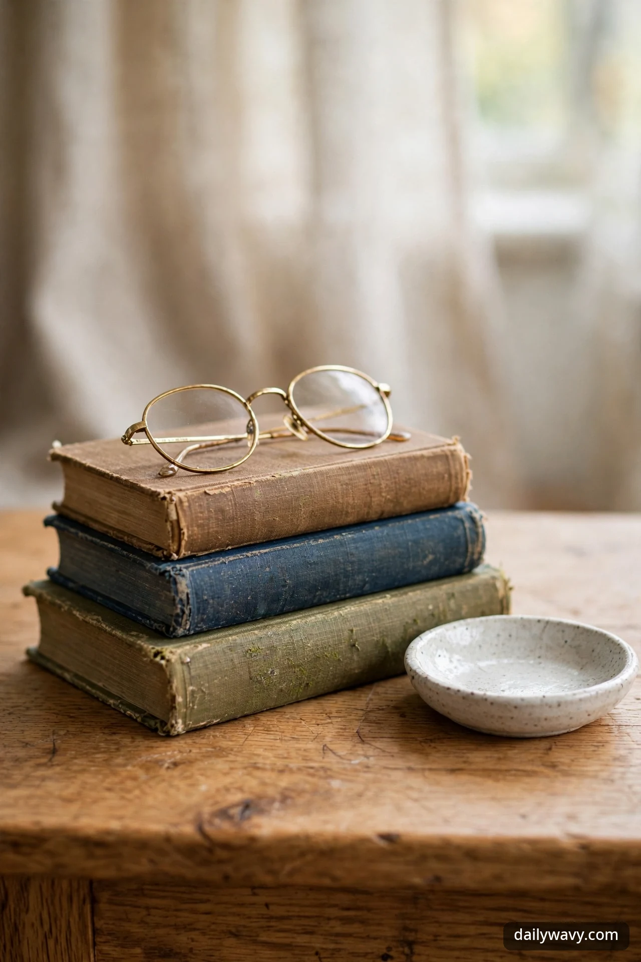 A close-up of three stacked vintage books in tan, blue, and olive cloth bindings with round gold-rimmed reading glasses resting on top, on an oak side table beside a speckled ceramic dish.