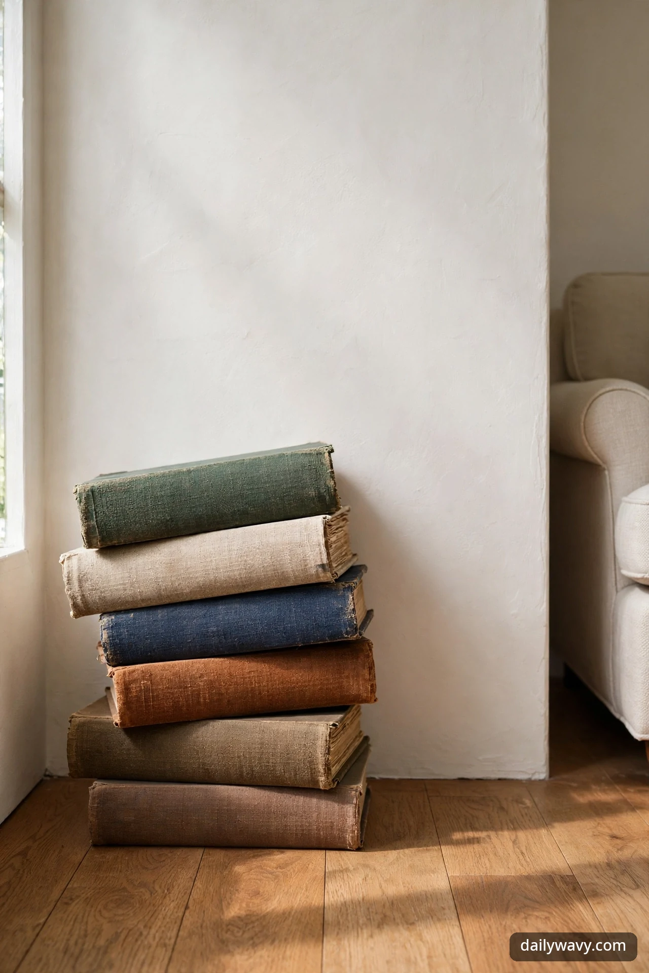 A tall stack of six vintage books in green, cream, navy, rust, and brown cloth bindings leaning against a plain warm-white plaster wall.