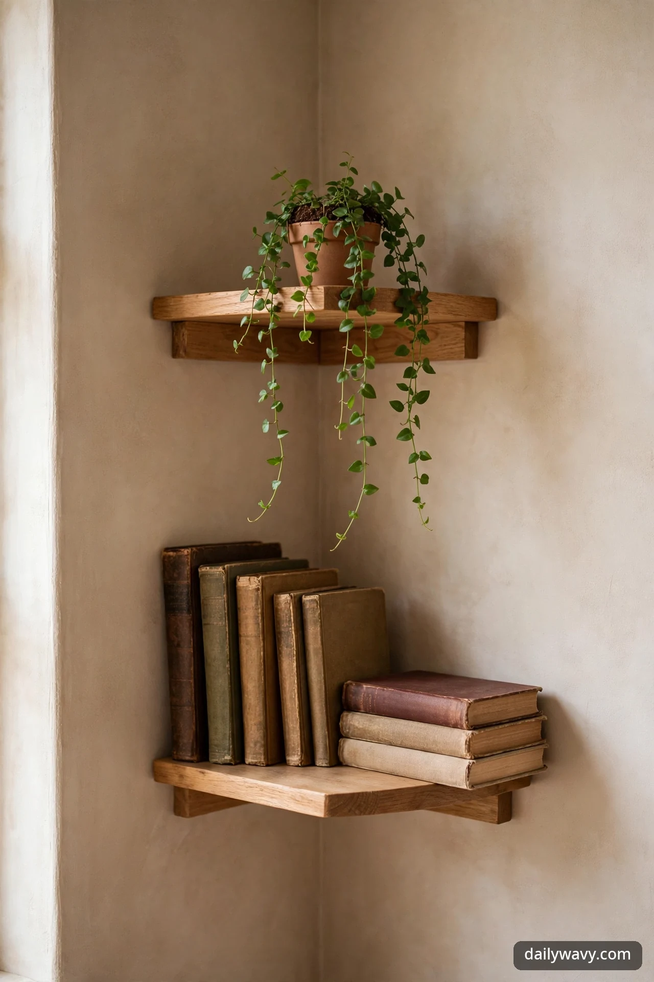 Two small wooden corner shelves holding a trailing potted plant above and a mix of upright and stacked vintage books below.
