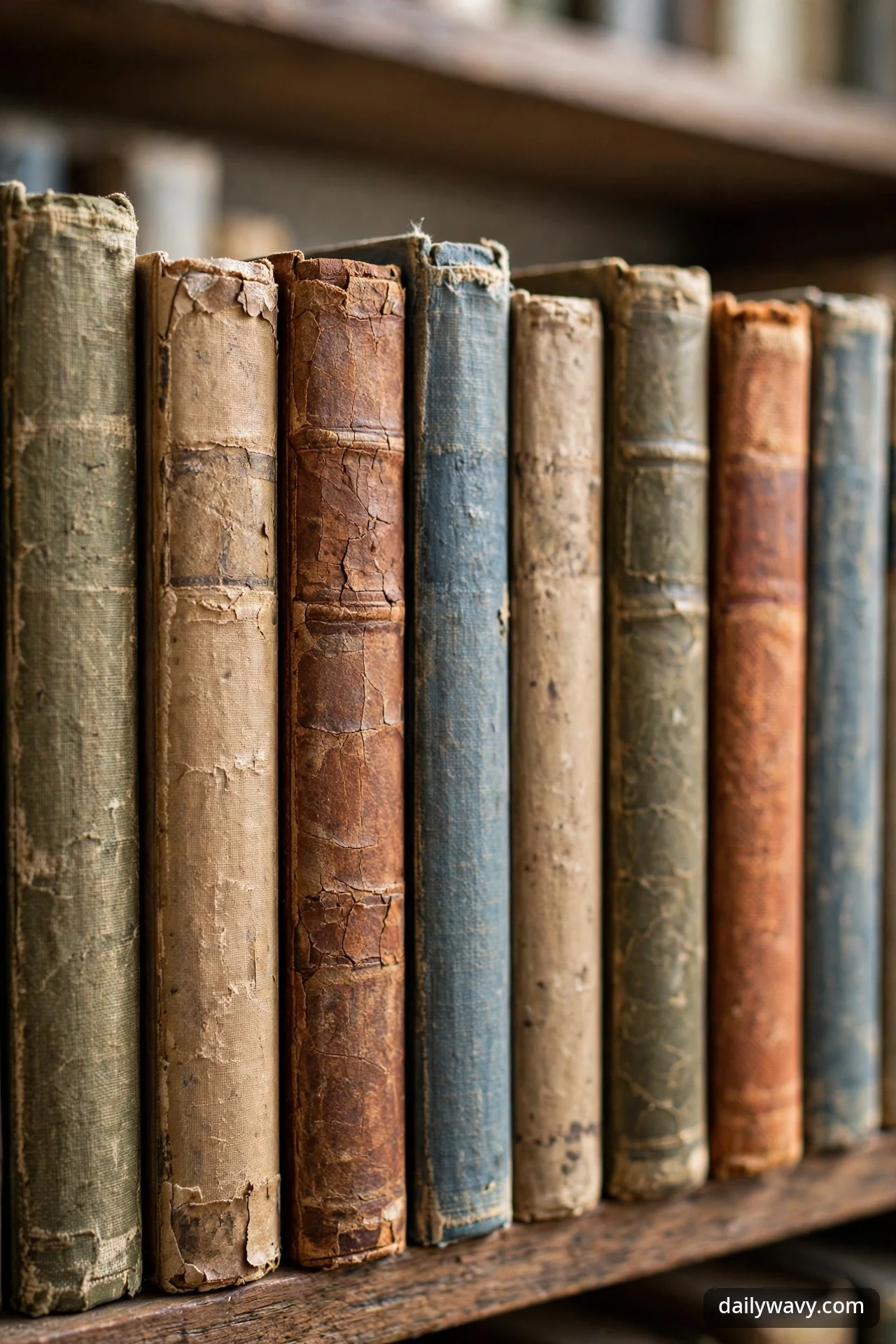 A close-up row of upright vintage books showing varied cloth and leather spine finishes in green, tan, cracked brown, blue, and rust tones.