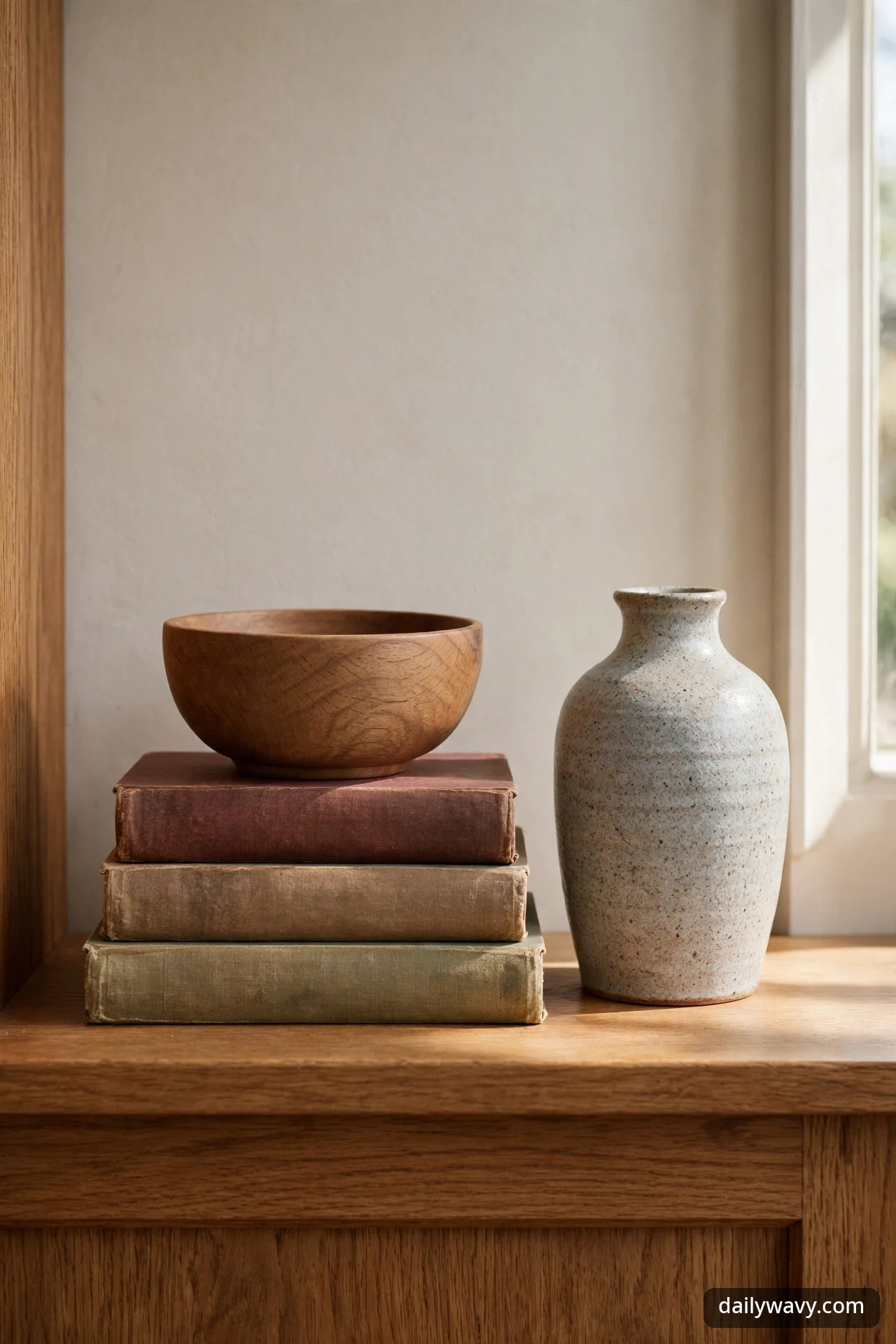 A stack of three vintage books topped with a hand-turned wooden bowl beside a speckled ceramic vase on a wooden shelf.