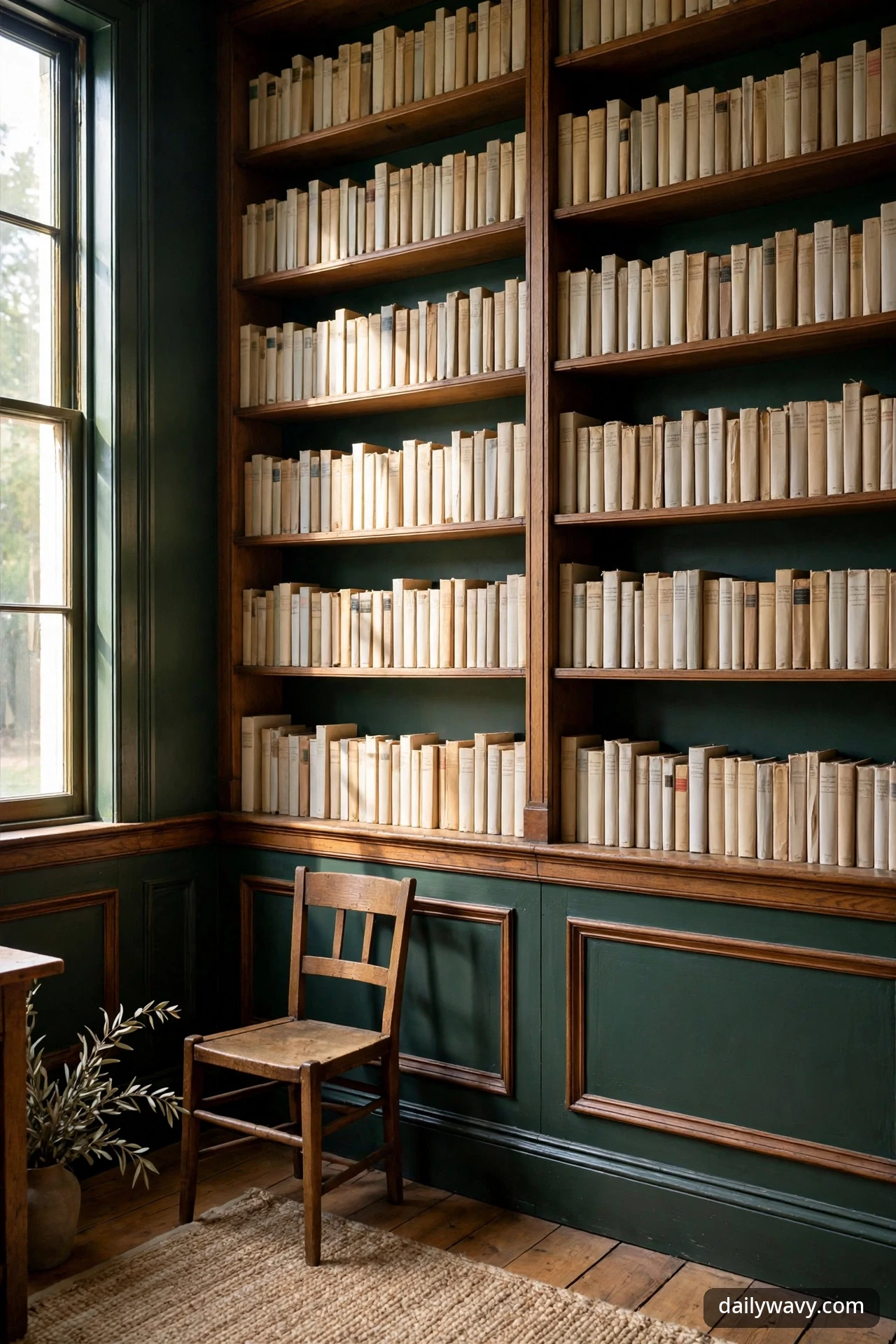 Rows of cream and ivory vintage books on tall wooden shelves against a dark green wall, with a wooden chair below.