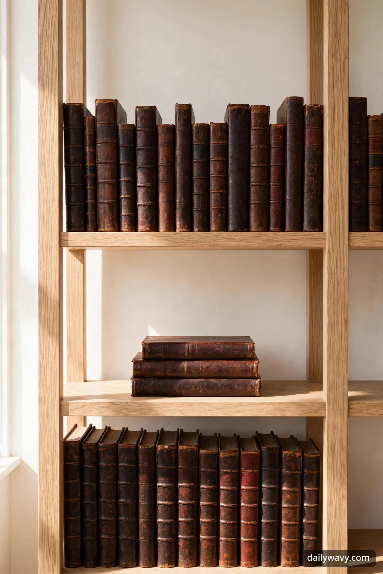 Dark leather-bound vintage books arranged upright and in a flat stack on light oak open shelves.