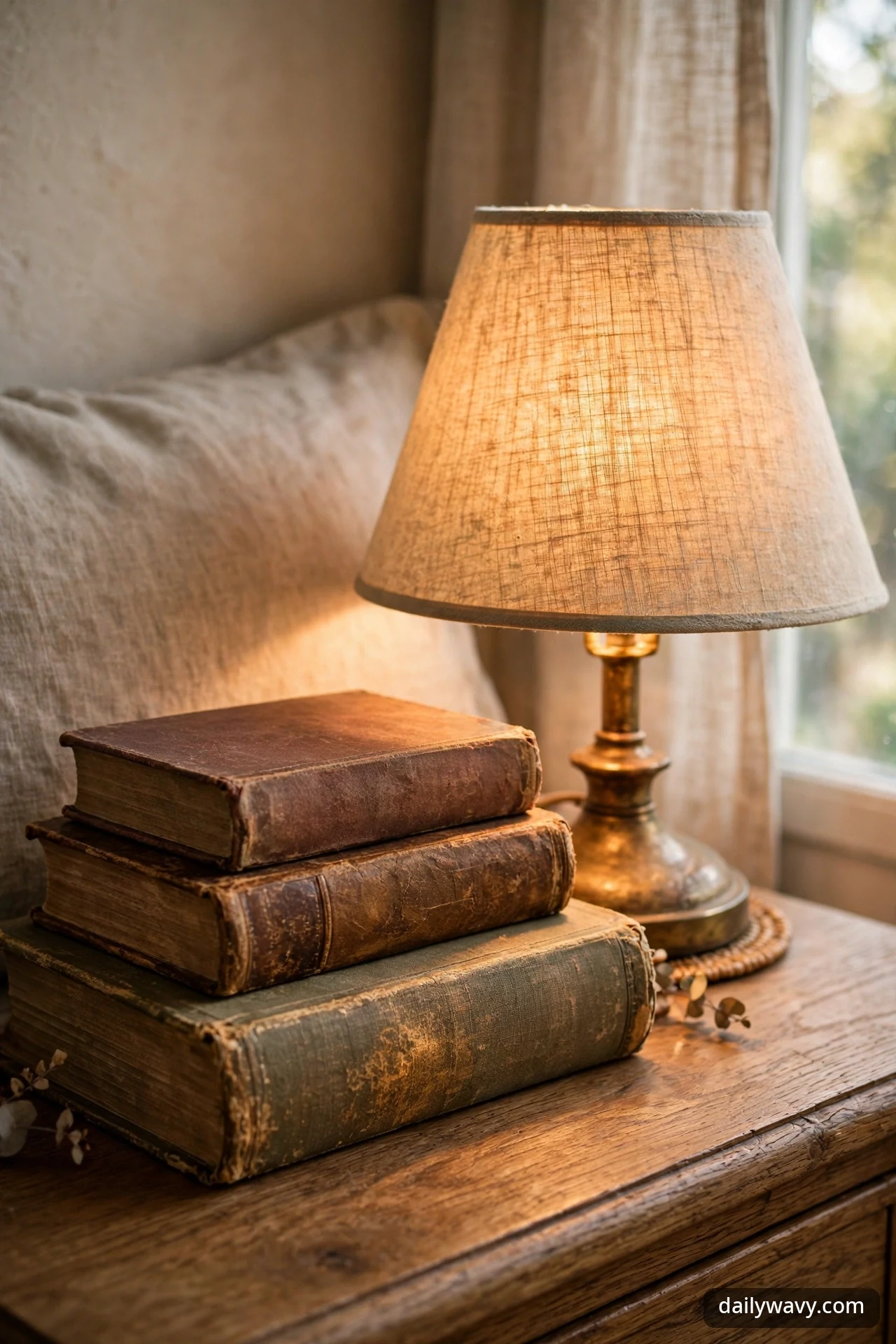 A stack of three vintage books in brown and green leather beside a glowing table lamp with a linen shade on a wooden nightstand.