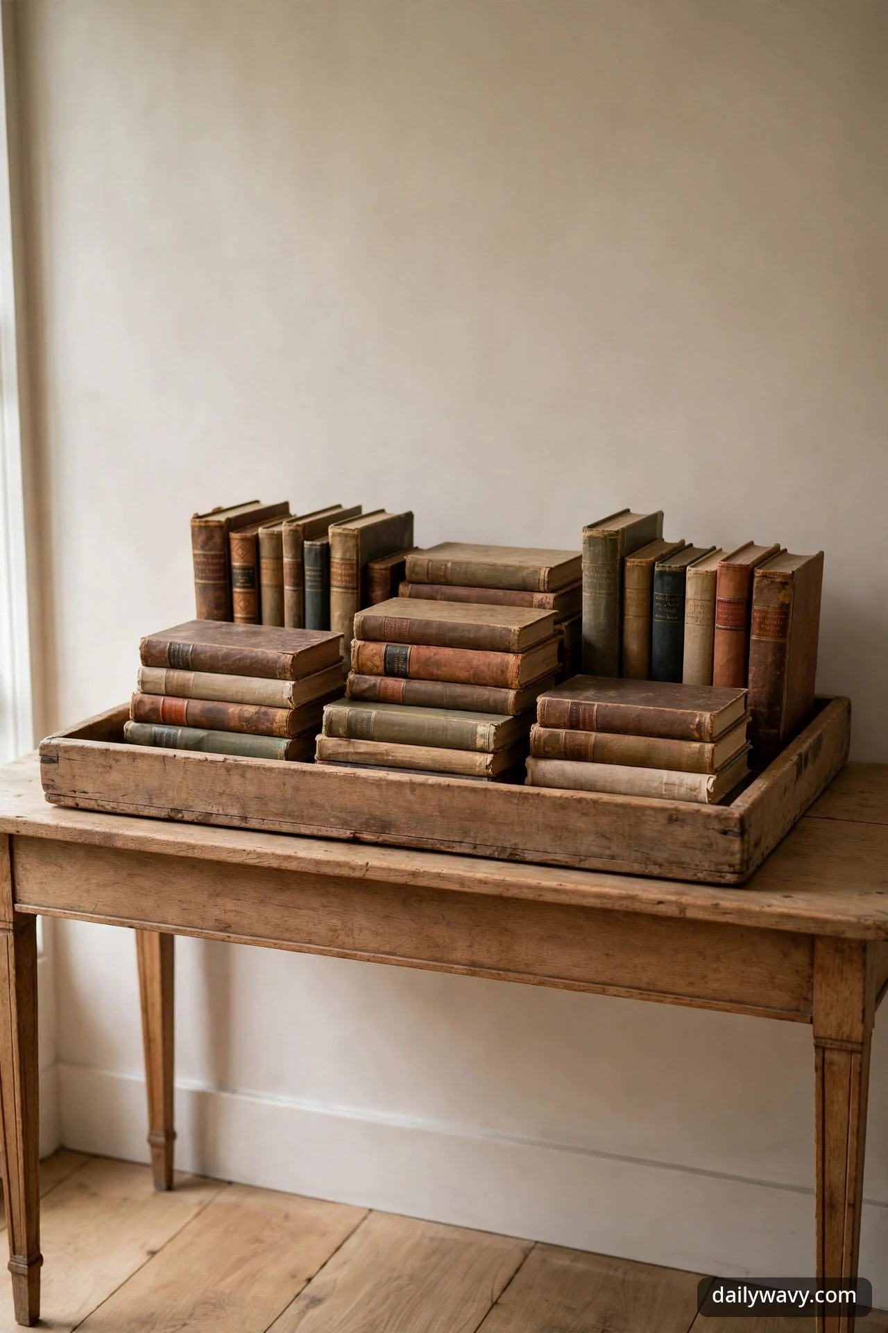 Vintage books grouped upright and in small stacks inside a shallow wooden tray on a rustic console table.