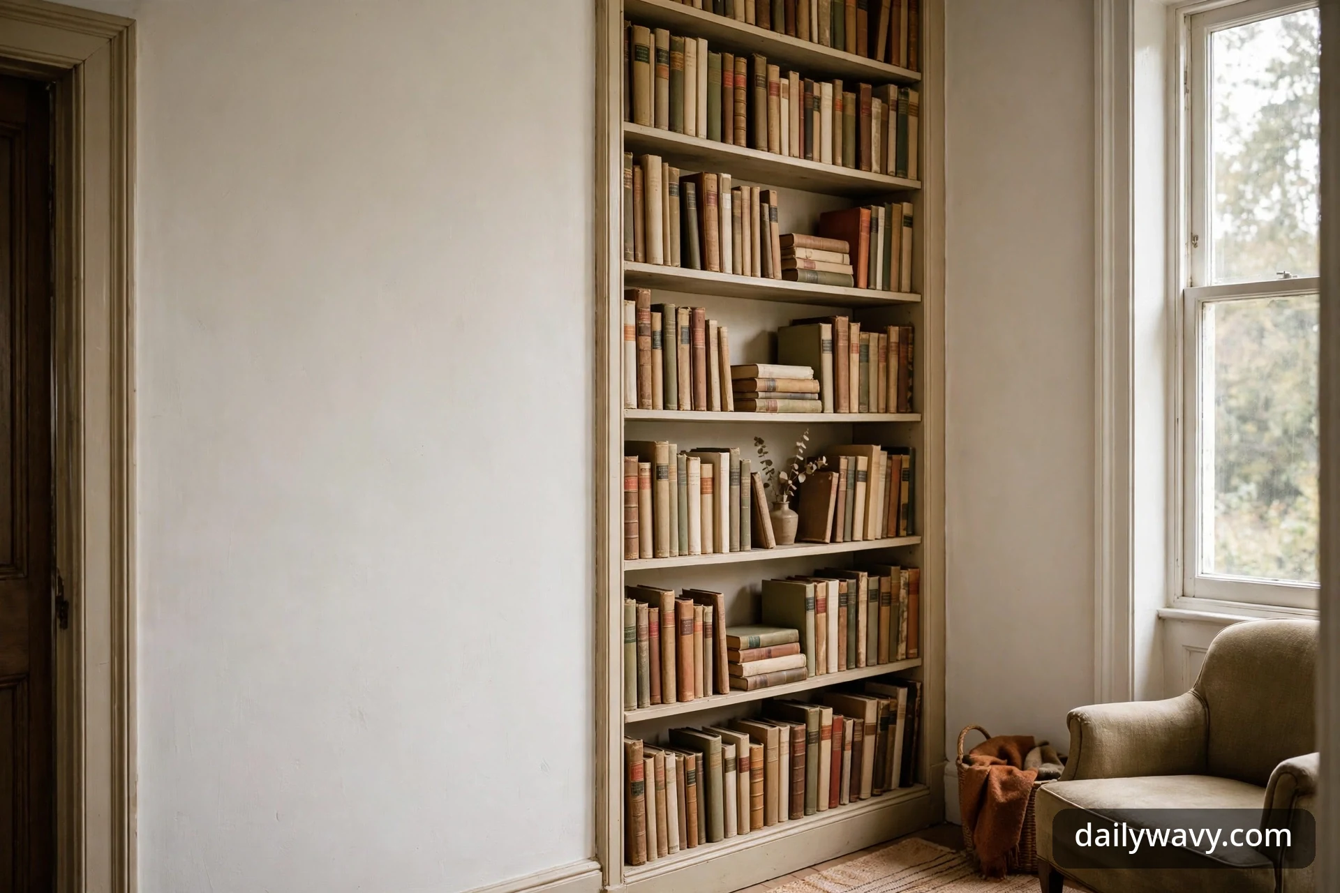 Wide view of a tall narrow bookcase filled with cloth-spined vintage books between a plain wall and a tall window, with an armchair and a basket of throw blankets nearby.