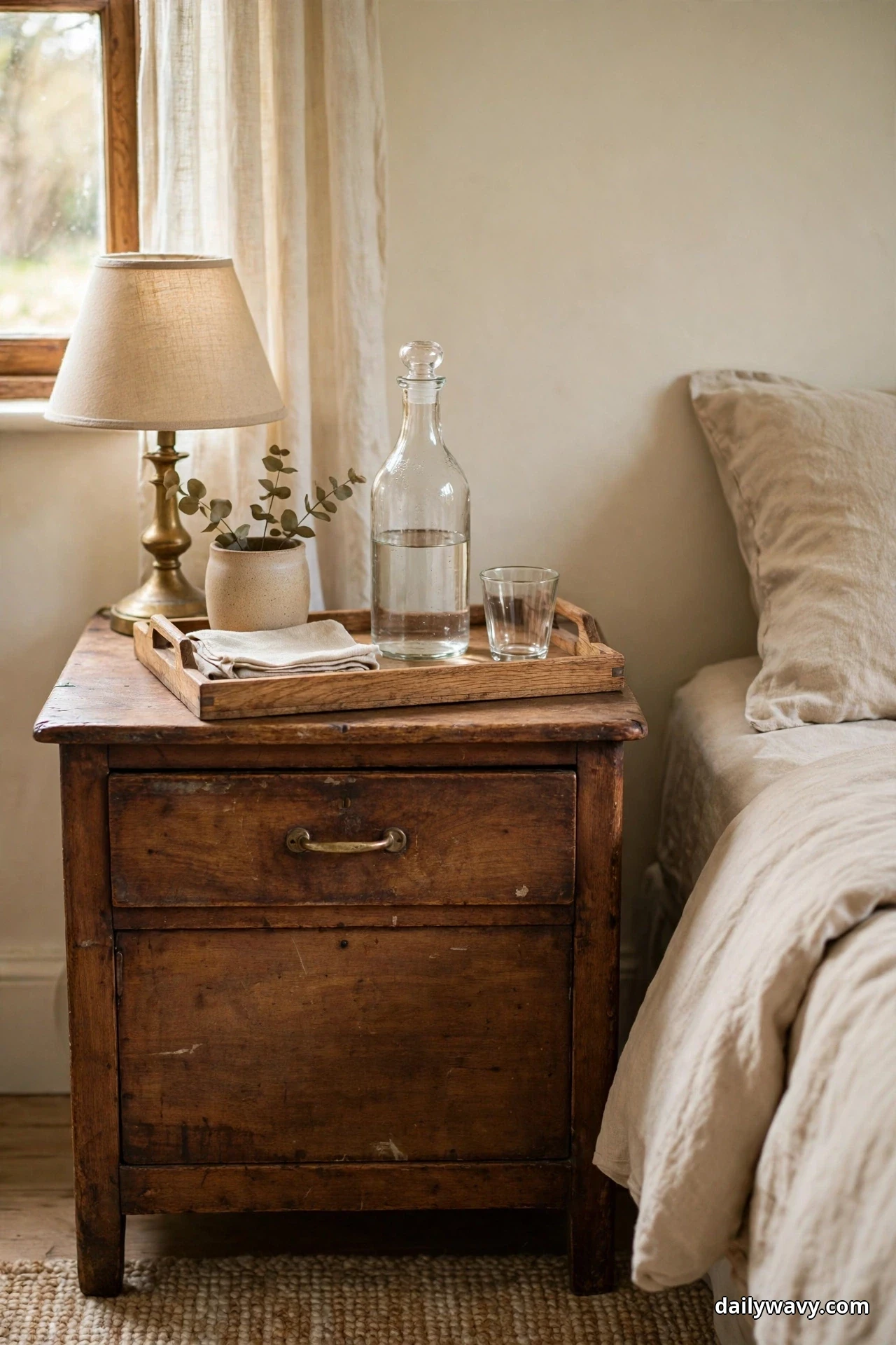 A wooden tray on a vintage nightstand holds a glass water carafe with a stopper, a small drinking glass, a folded linen cloth, and a small potted eucalyptus, with a brass lamp behind it and a bed at the side