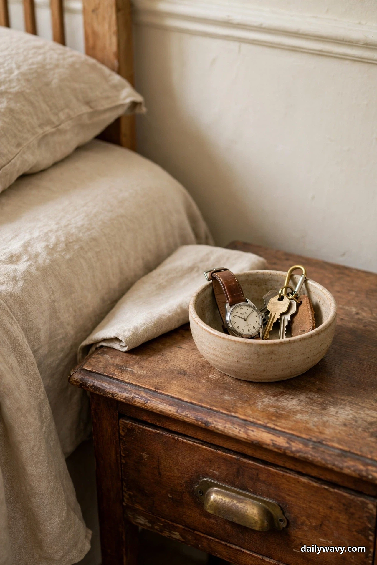 A close view shows a speckled ceramic catchall bowl holding a leather-strap wristwatch and a set of keys on a worn vintage wooden nightstand beside a bed with cream linen bedding