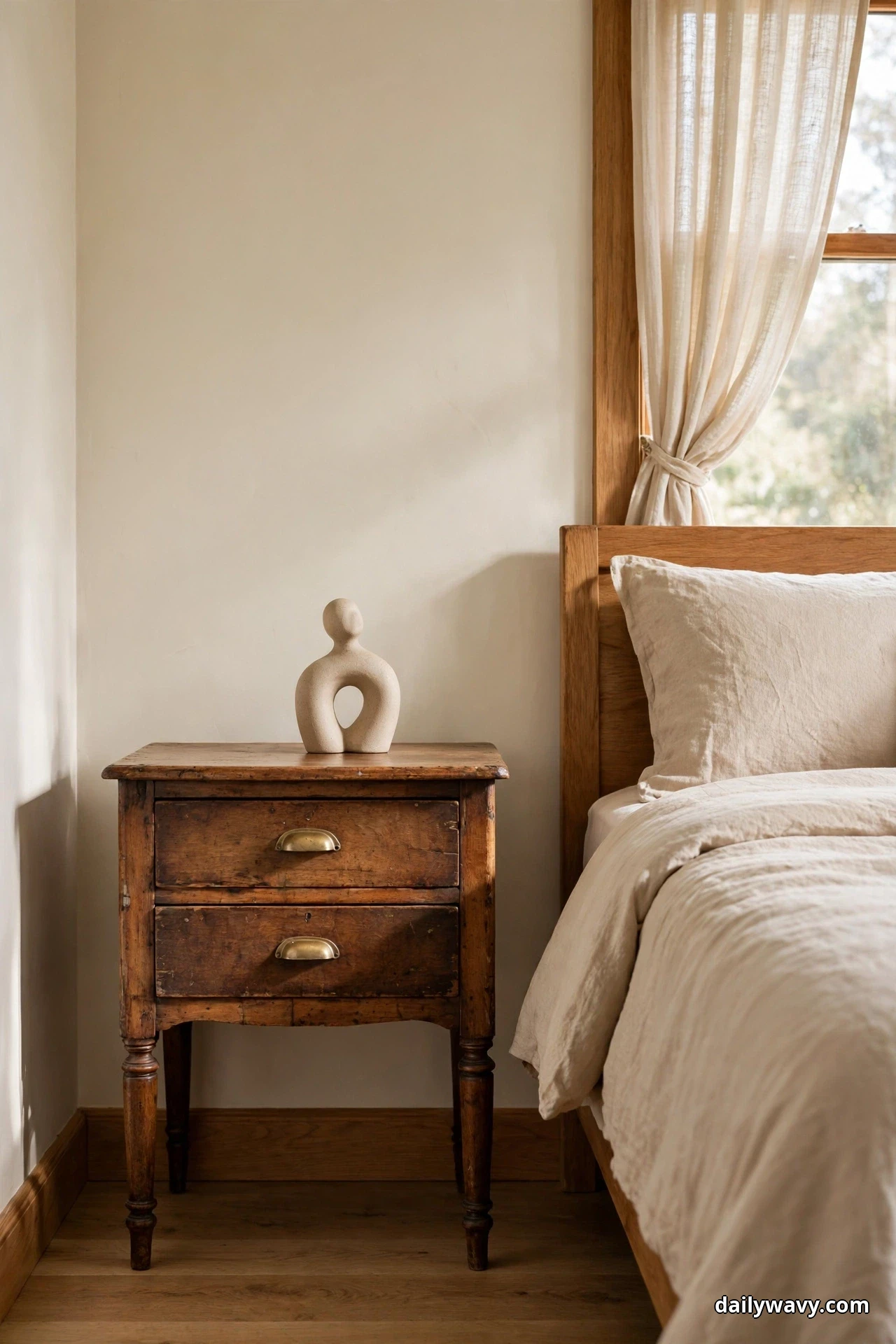 A single abstract cream ceramic sculpture stands alone on a two-drawer vintage wooden nightstand beside a bed with cream linen bedding near a curtained window