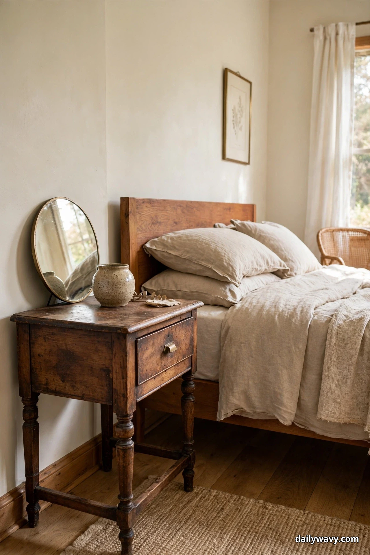 A small round mirror with a thin brass frame leans against the wall on a vintage nightstand beside a speckled ceramic vessel, with a bed in cream linen behind it