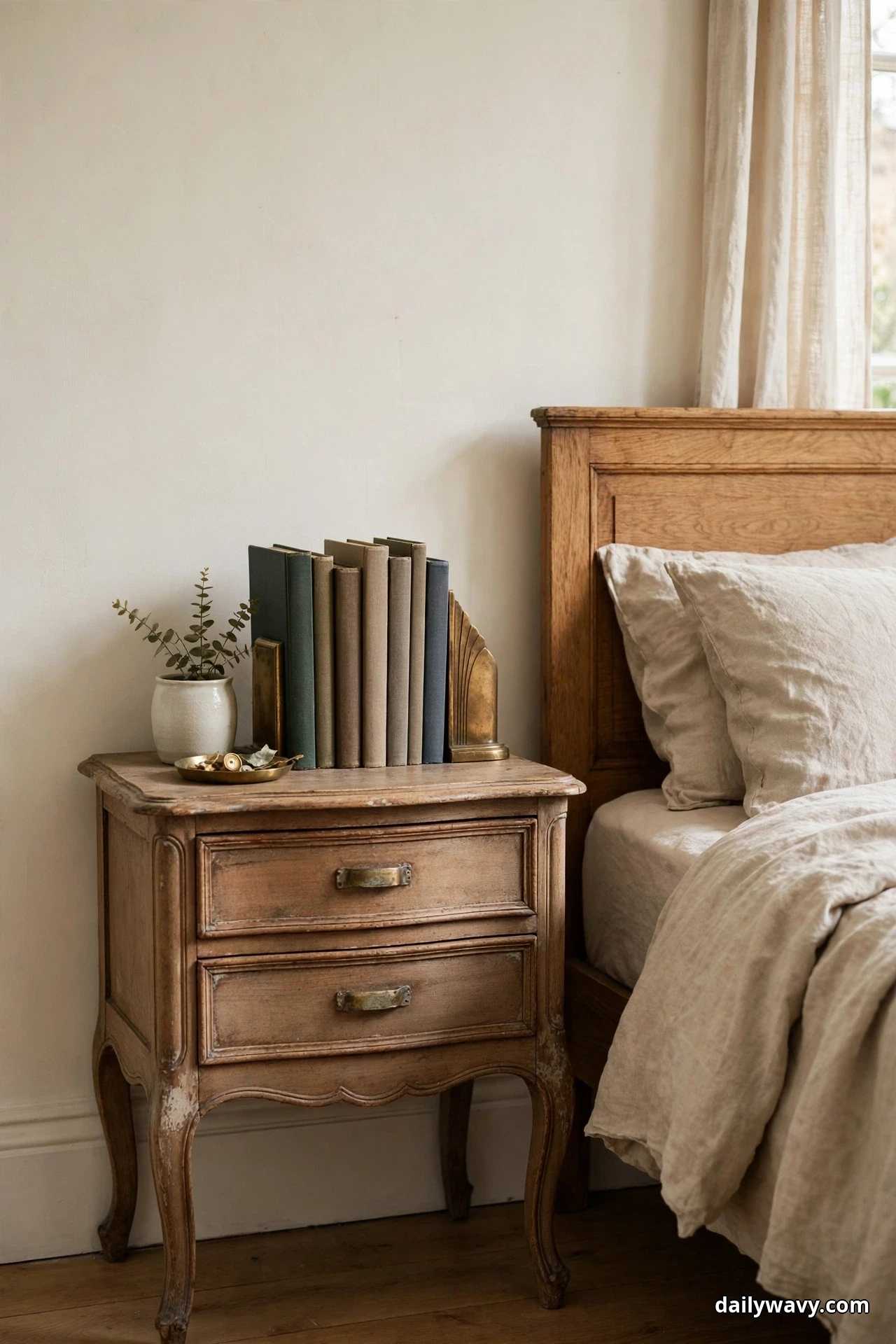 A narrow upright row of clothbound books in muted green, tan, and blue stands between brass bookends on a vintage two-drawer nightstand, with a small potted eucalyptus and a brass dish beside it