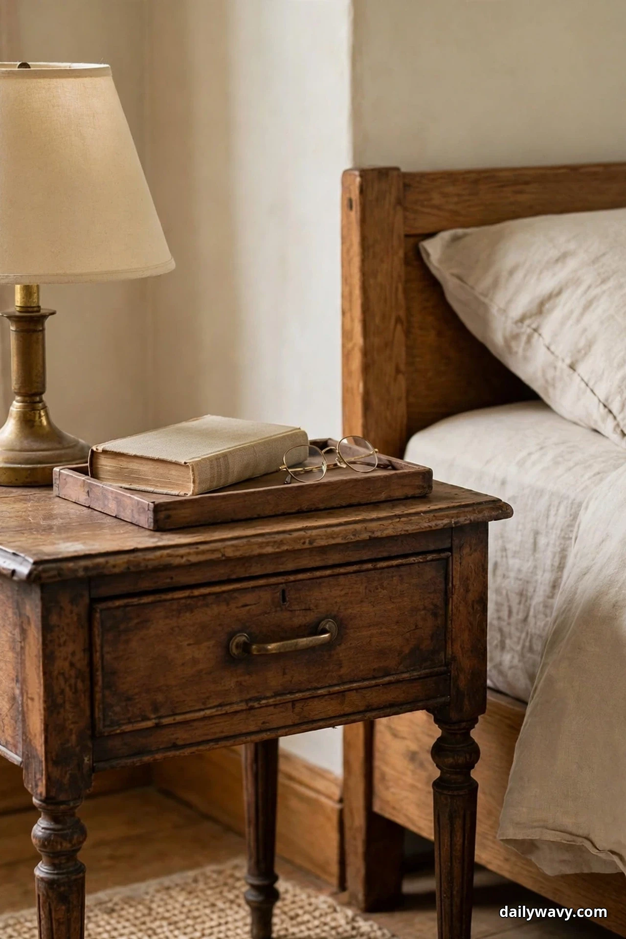 A brass lamp with a cream linen shade stands beside a small wooden tray holding a clothbound book and reading glasses on a vintage nightstand next to a bed