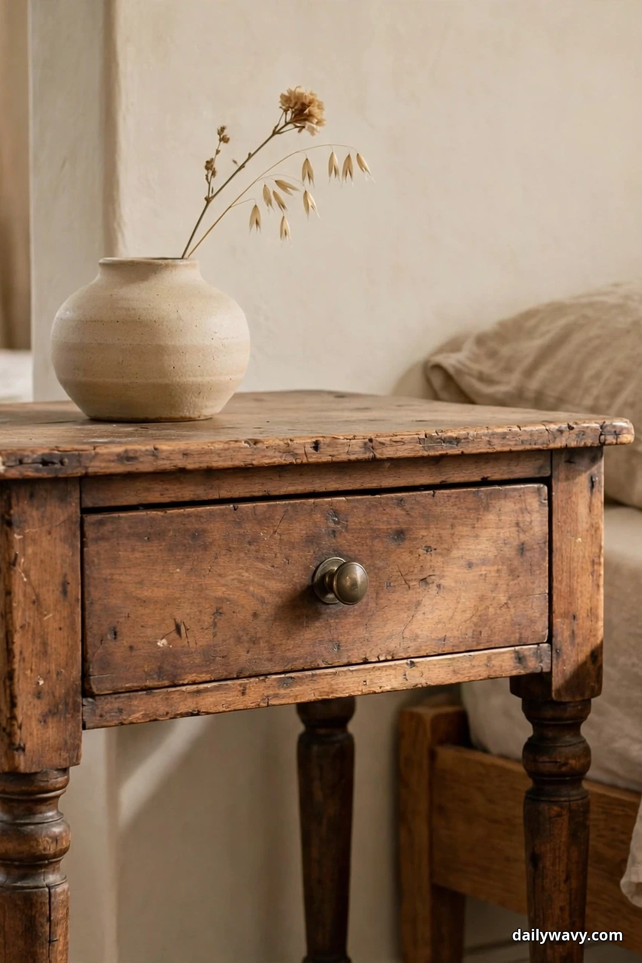 A single dried flower stem rises from a low round cream ceramic vase on a worn vintage wooden nightstand beside a bed