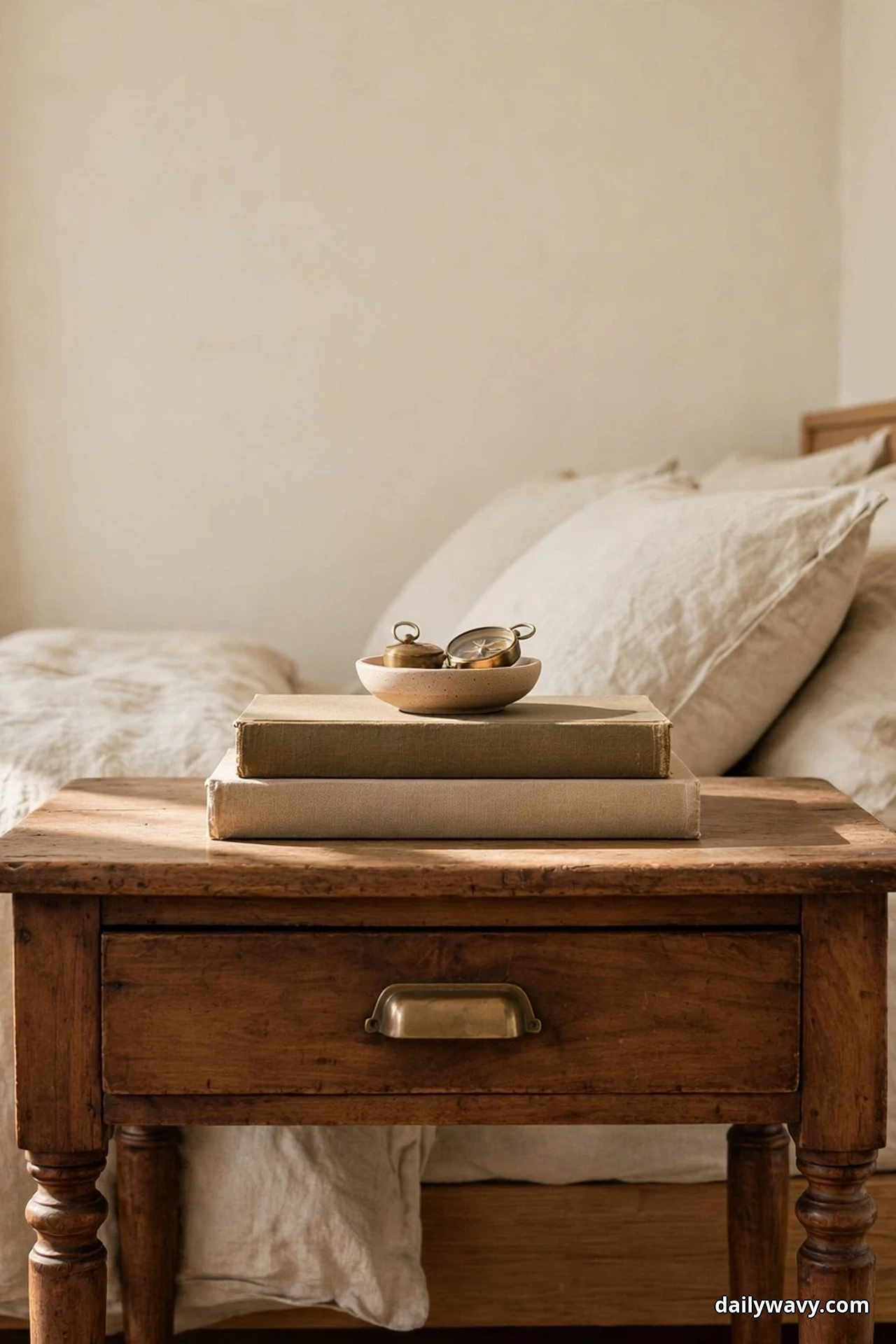 A stack of two clothbound hardcover books sits on a vintage nightstand, topped with a small ceramic dish holding a brass pocket compass, beside a bed with cream linen pillows