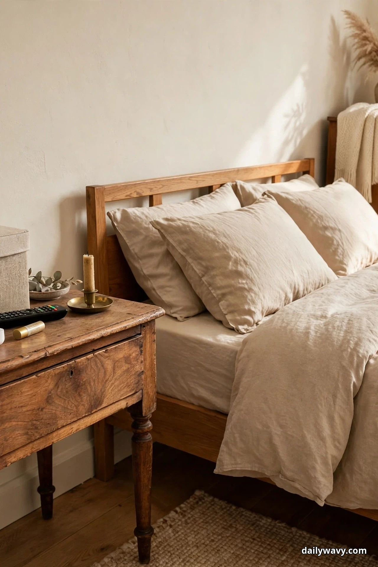 A fabric-covered lidded box sits at the edge of a vintage nightstand beside a remote, a tube of lip balm, and a candle in a brass holder, with a bed in cream linen behind it
