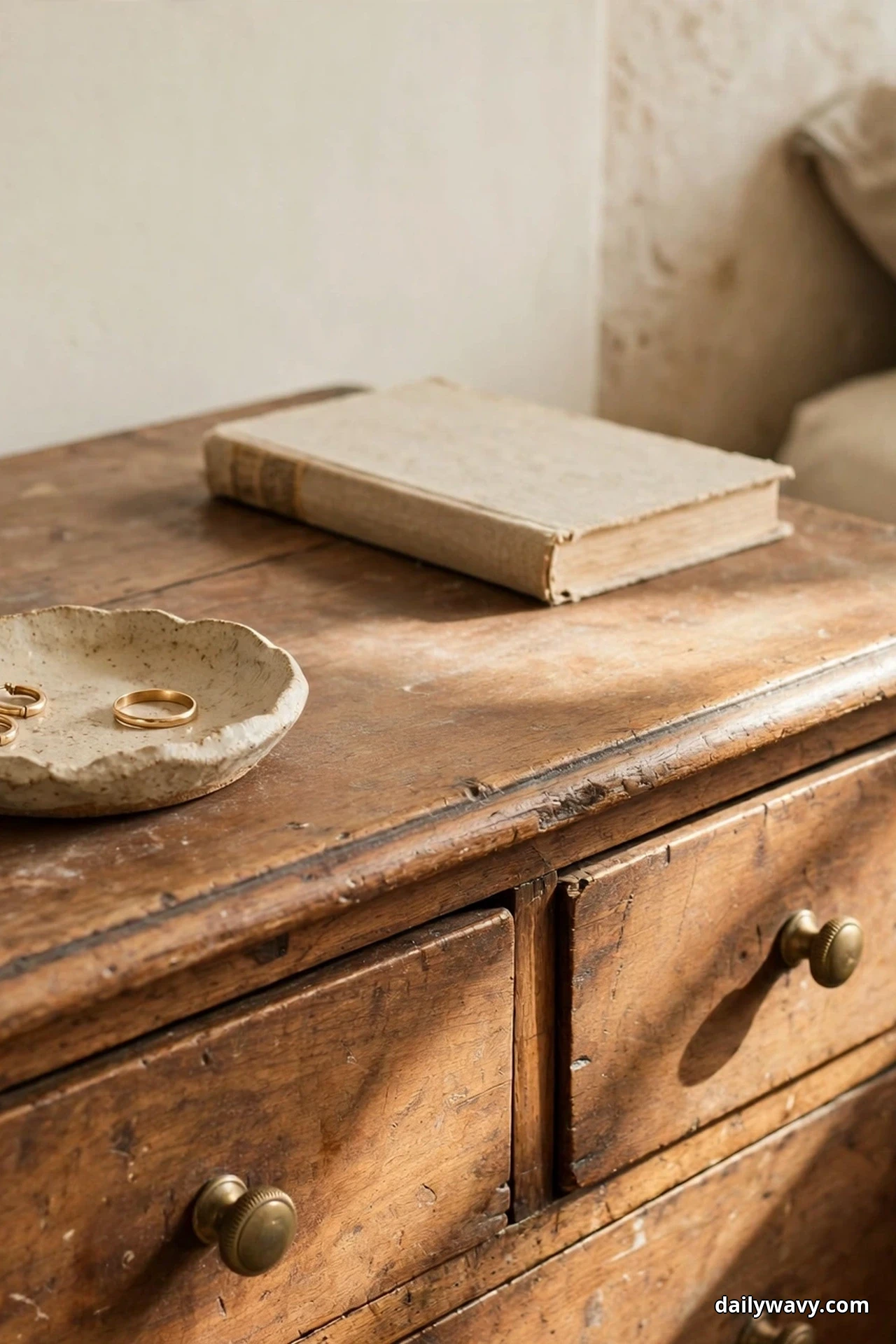 A close view shows a small scalloped ceramic dish holding gold rings and earrings on a worn vintage wooden nightstand, with a clothbound book behind it