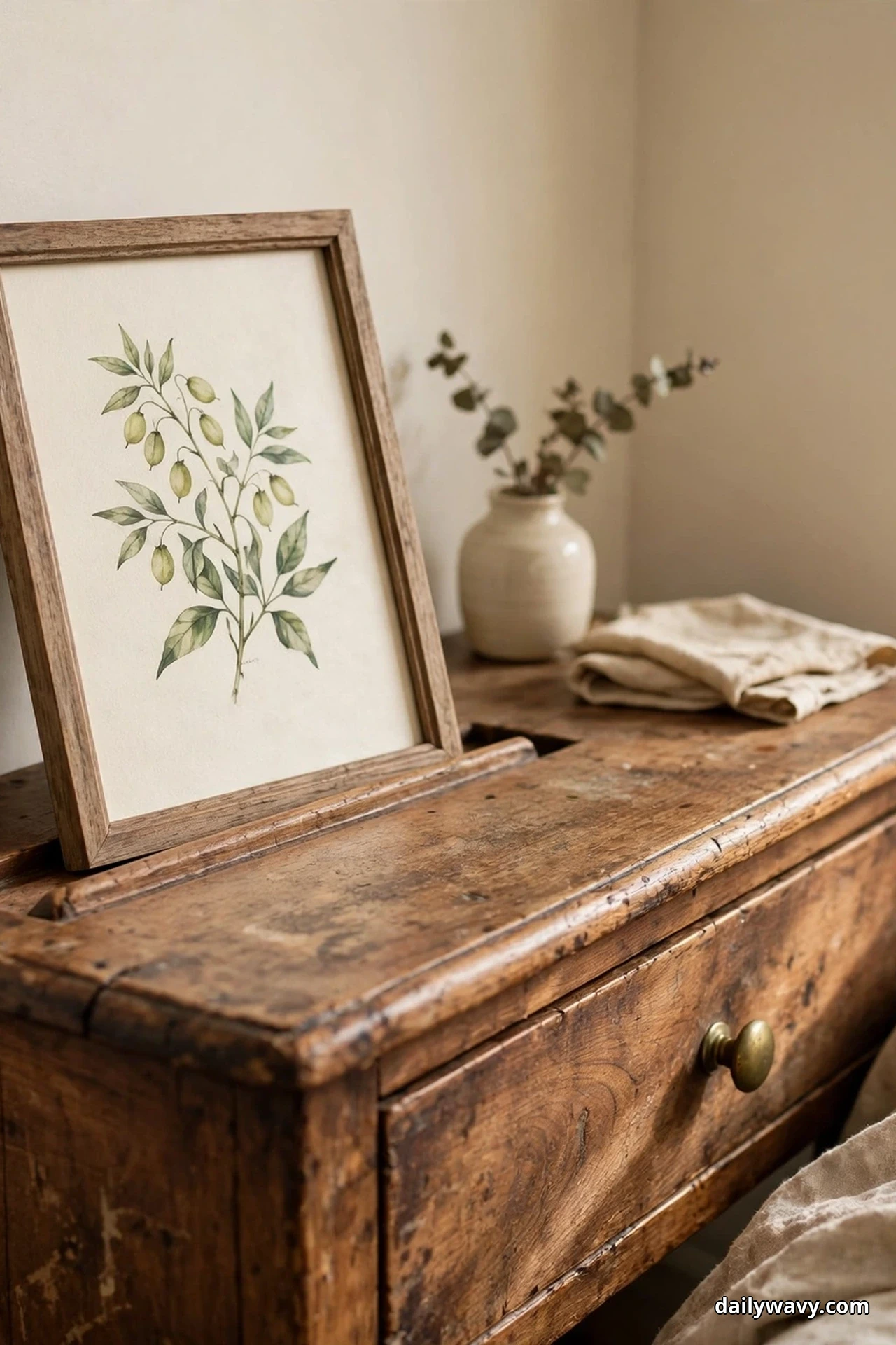 A framed botanical print leans against the wall on a worn vintage wooden nightstand, with a ceramic vase of eucalyptus and folded linen behind it