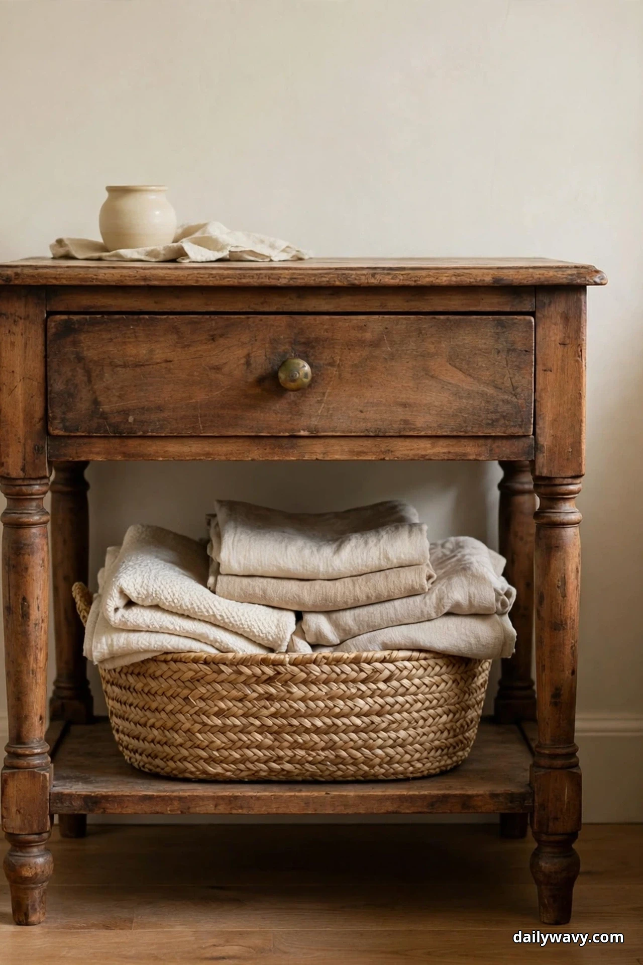 A woven seagrass basket filled with folded cream throws sits on the lower shelf of a vintage wooden nightstand beneath its drawer