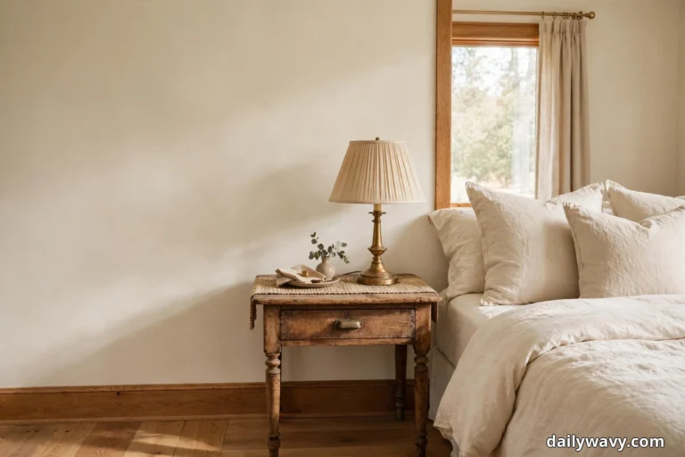 A wide view shows a vintage wooden nightstand topped with a woven runner and a brass lamp with a pleated cream shade, with a small vase of eucalyptus beside it, next to a bed dressed in cream linen by a window